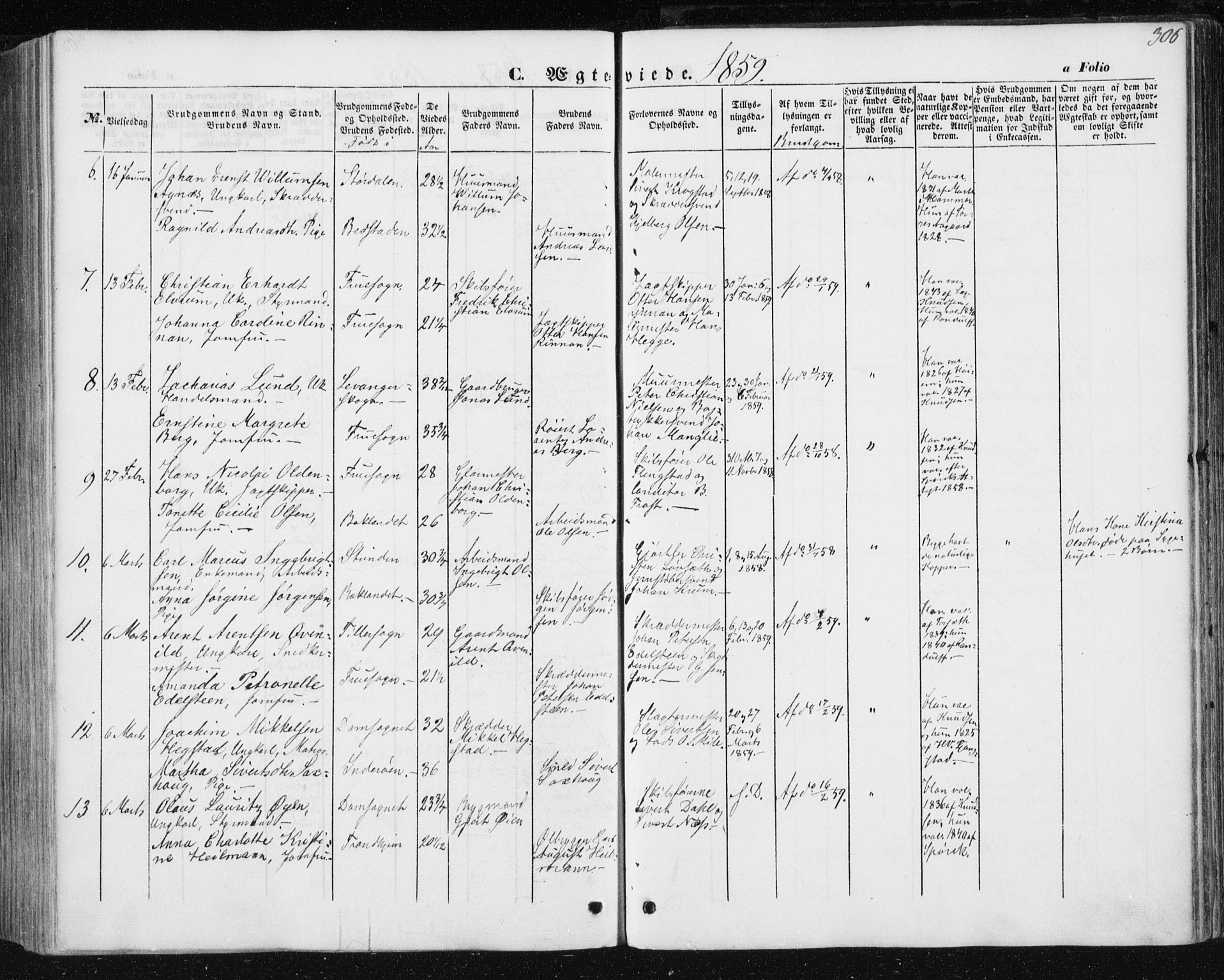 Ministerialprotokoller, klokkerbøker og fødselsregistre - Sør-Trøndelag, SAT/A-1456/602/L0112: Parish register (official) no. 602A10, 1848-1859, p. 306