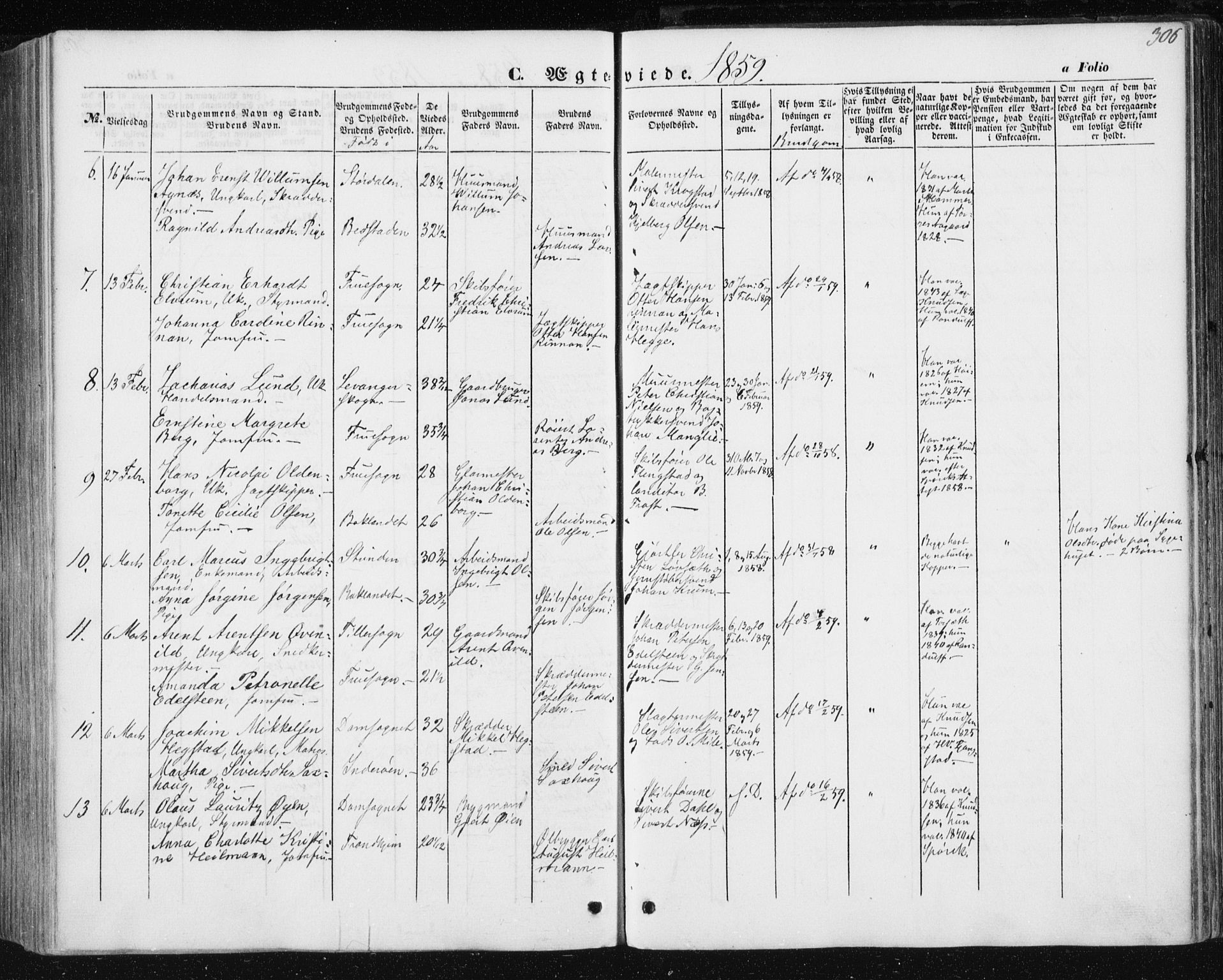 Ministerialprotokoller, klokkerbøker og fødselsregistre - Sør-Trøndelag, AV/SAT-A-1456/602/L0112: Parish register (official) no. 602A10, 1848-1859, p. 306