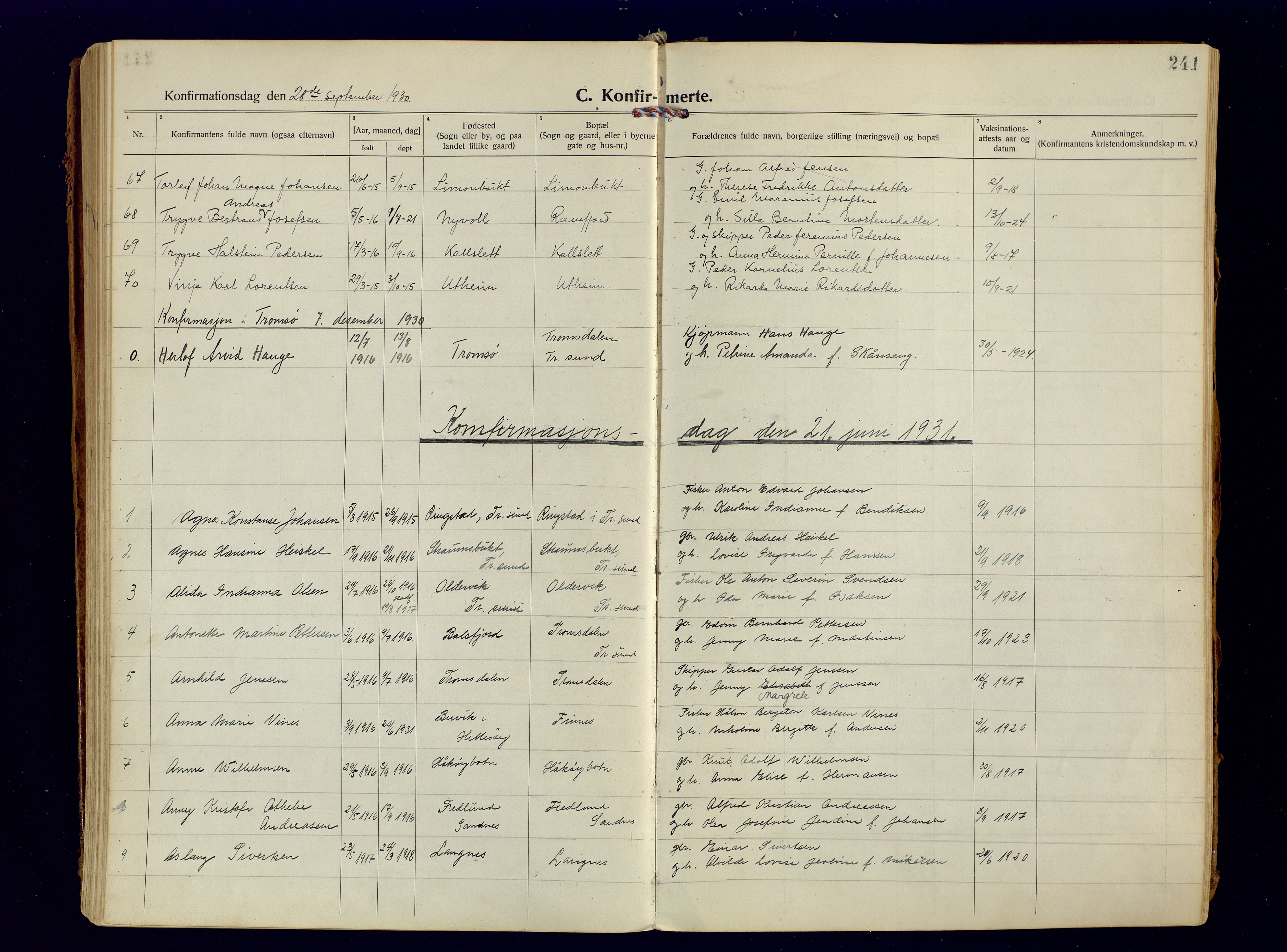 Tromsøysund sokneprestkontor, AV/SATØ-S-1304/G/Ga/L0009kirke: Parish register (official) no. 9, 1922-1934, p. 241