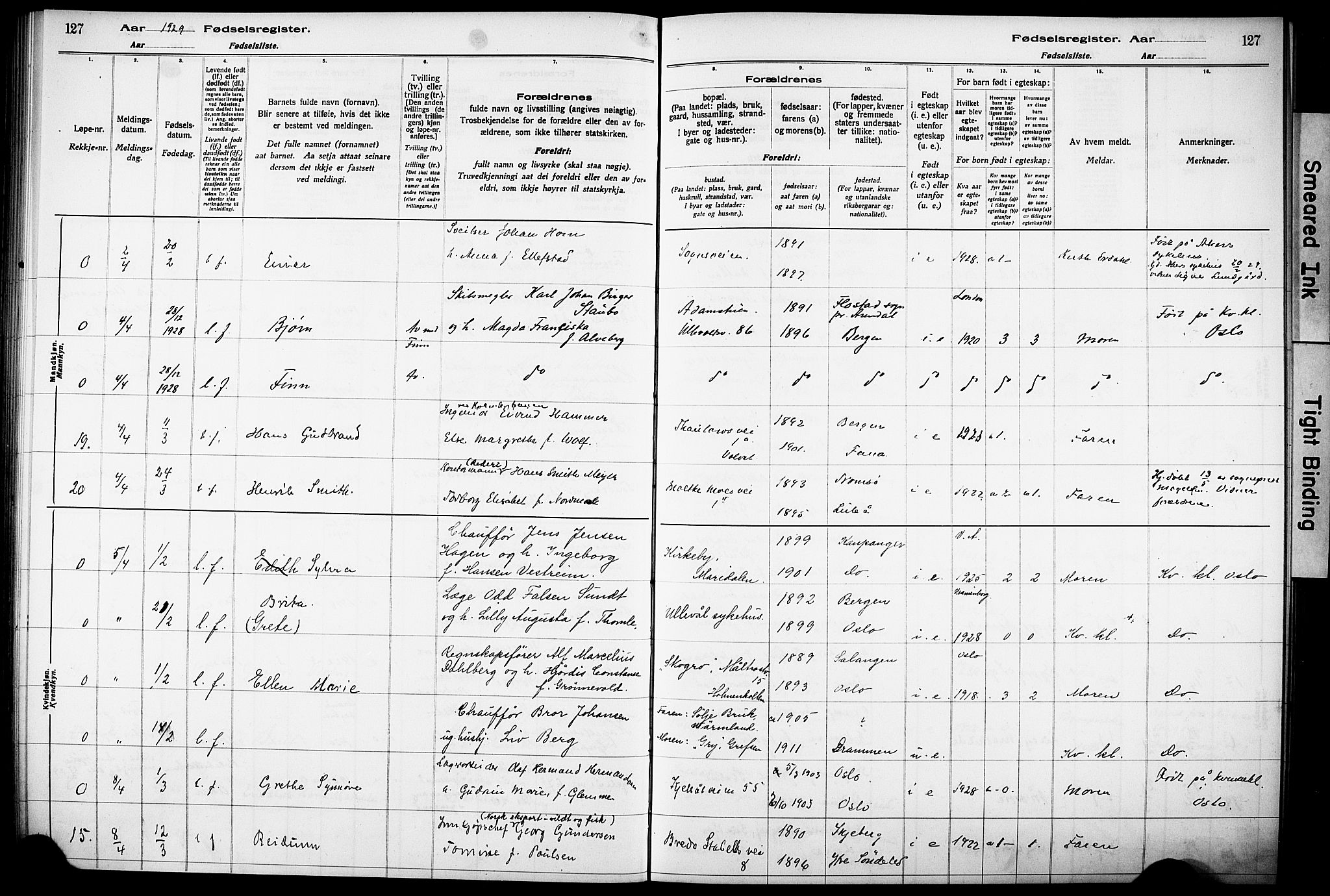 Vestre Aker prestekontor Kirkebøker, AV/SAO-A-10025/J/Ja/L0003: Birth register no. 3, 1926-1930, p. 127