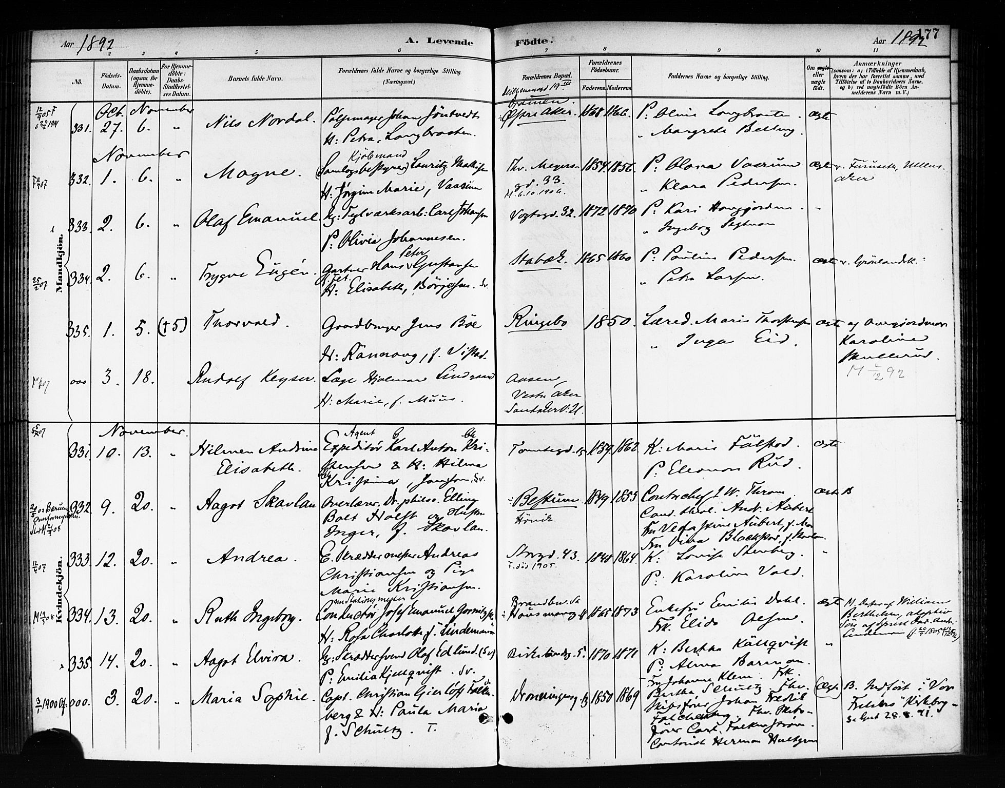 Rikshospitalet prestekontor Kirkebøker, AV/SAO-A-10309b/F/L0008: Parish register (official) no. 8, 1890-1893, p. 177