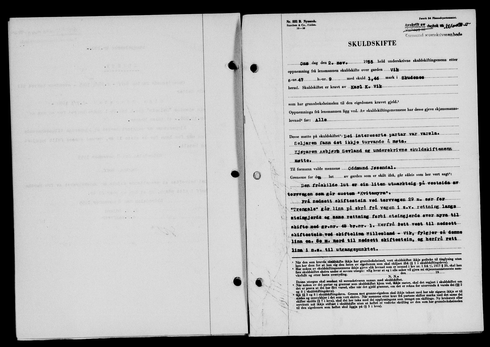 Karmsund sorenskriveri, SAST/A-100311/01/II/IIB/L0117: Mortgage book no. 97Aa, 1955-1955, Diary no: : 3530/1955