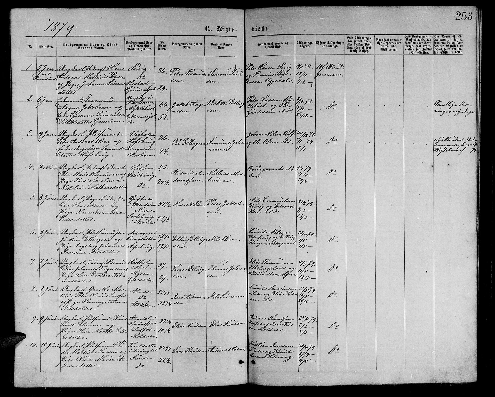 Ministerialprotokoller, klokkerbøker og fødselsregistre - Møre og Romsdal, AV/SAT-A-1454/528/L0428: Parish register (copy) no. 528C09, 1864-1880, p. 253