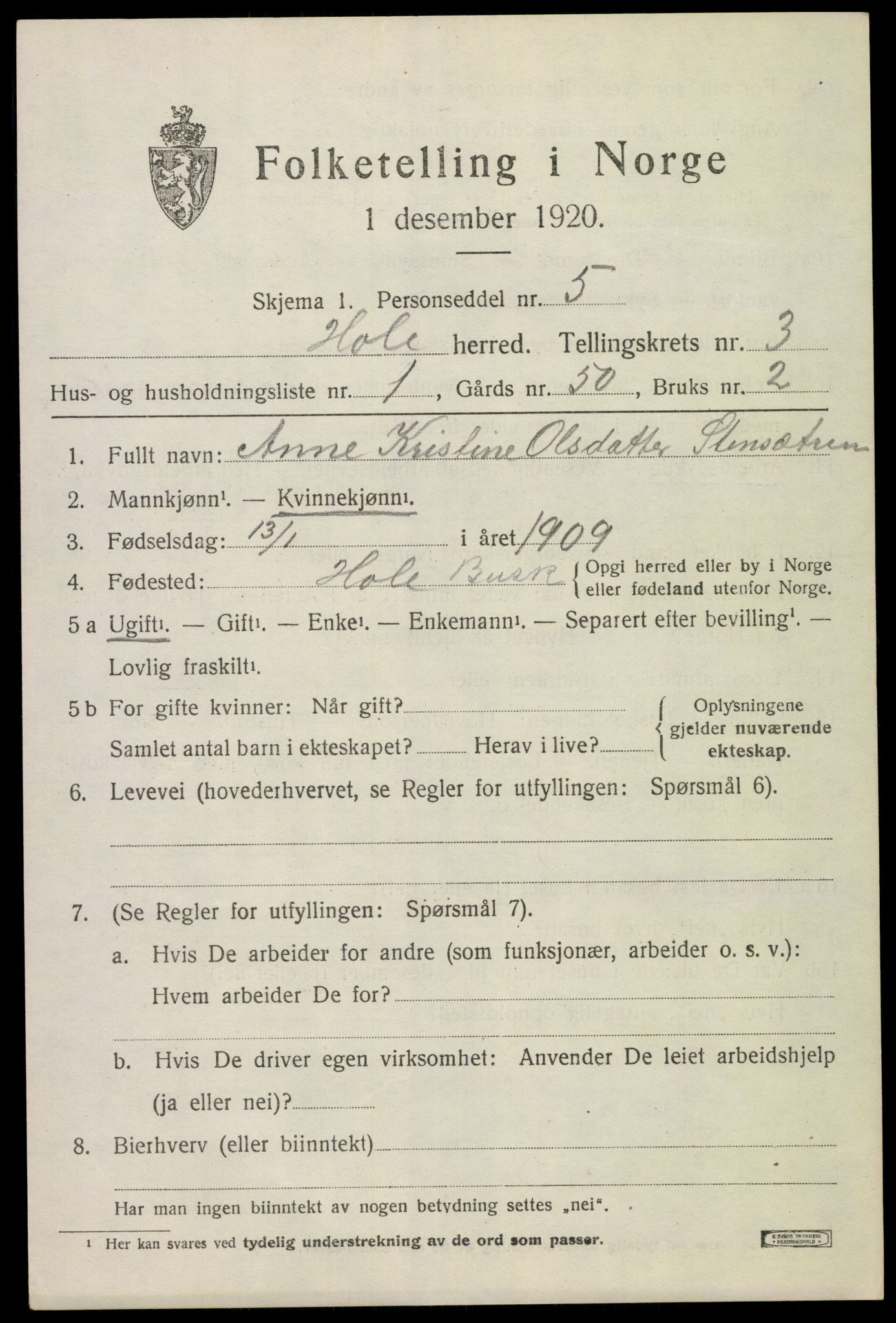 SAKO, 1920 census for Hole, 1920, p. 2733