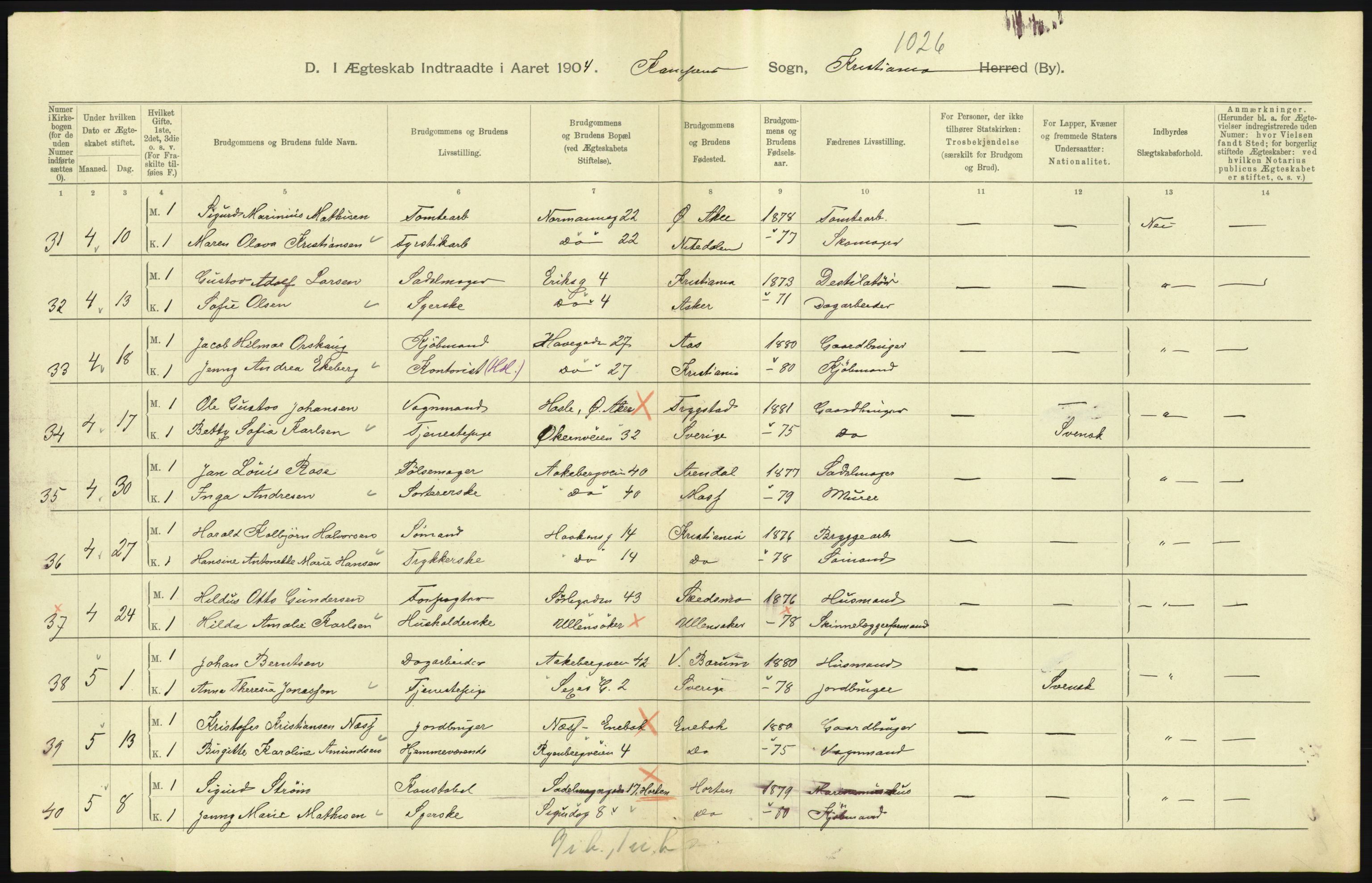 Statistisk sentralbyrå, Sosiodemografiske emner, Befolkning, AV/RA-S-2228/D/Df/Dfa/Dfab/L0004: Kristiania: Gifte, døde, 1904, p. 17