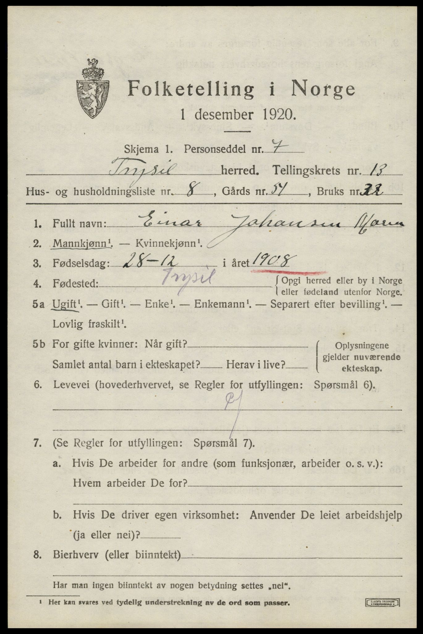 SAH, 1920 census for Trysil, 1920, p. 7733