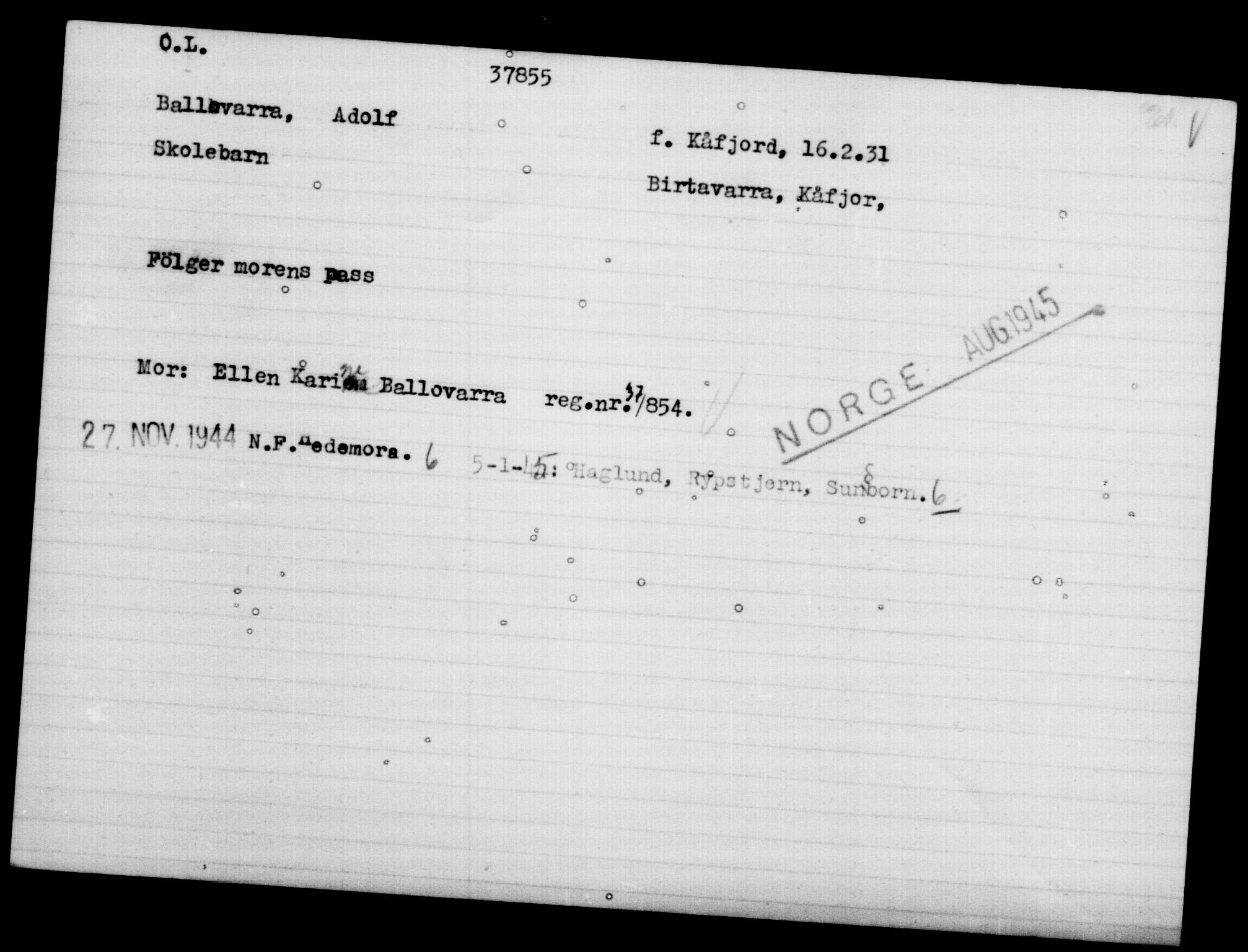 Utenriksstasjonene, Legasjonen i Stockholm, Flyktningkontoret, AV/RA-S-6753/V/Va/L0015: Kjesäterkartoteket, flyktninger med registreringsnr. 37800-40770, 1940-1945, p. 57