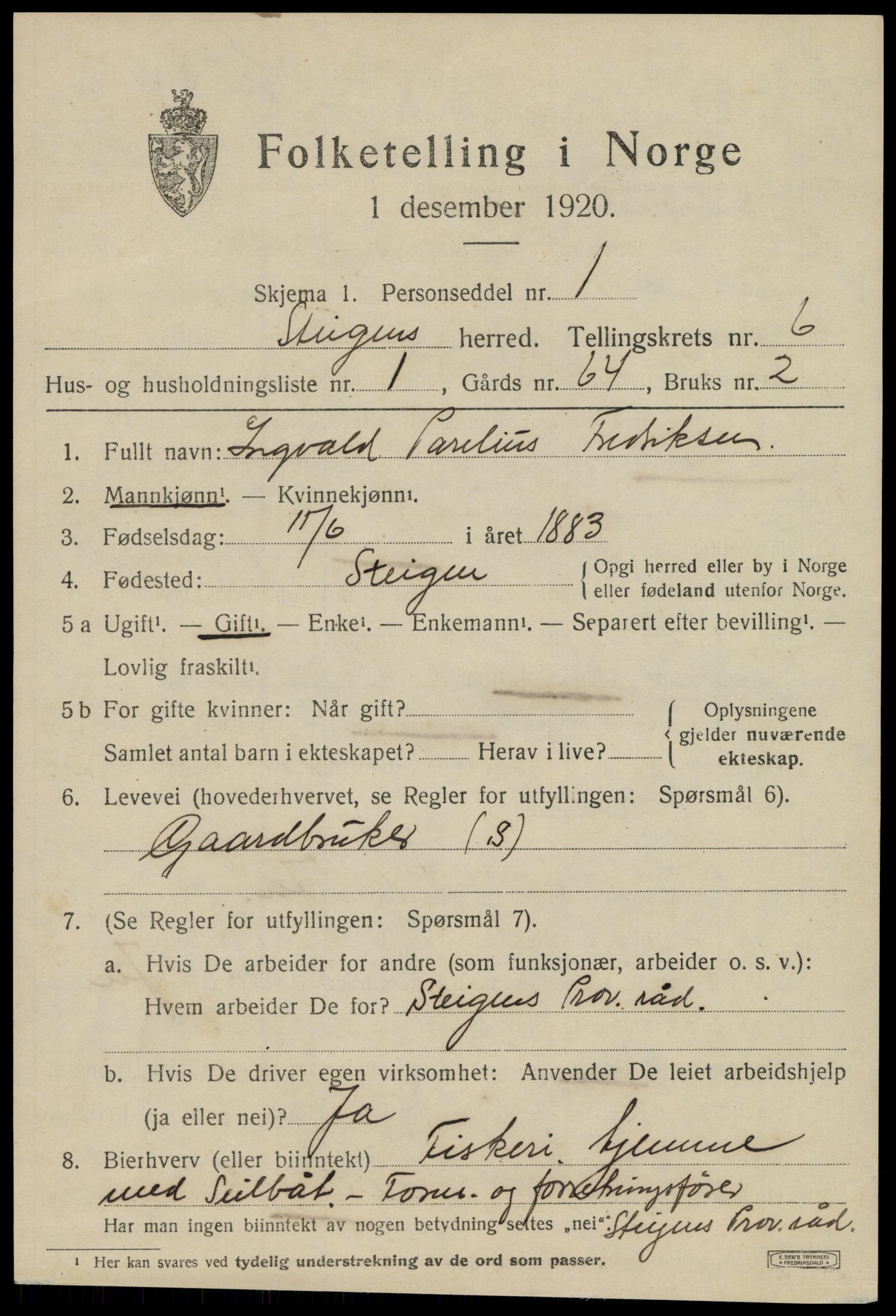 SAT, 1920 census for Steigen, 1920, p. 2344