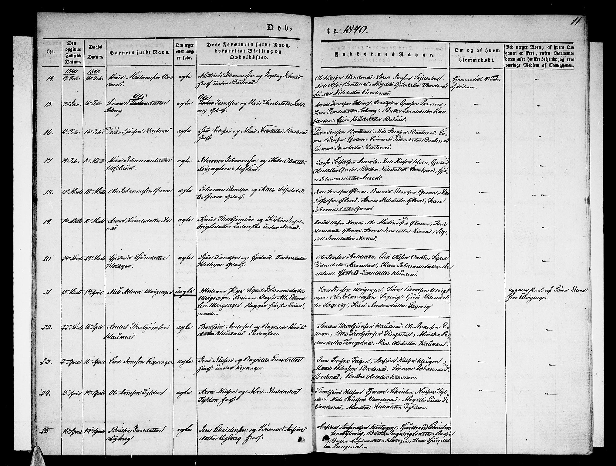 Sogndal sokneprestembete, AV/SAB-A-81301/H/Haa/Haaa/L0011: Parish register (official) no. A 11, 1839-1847, p. 11