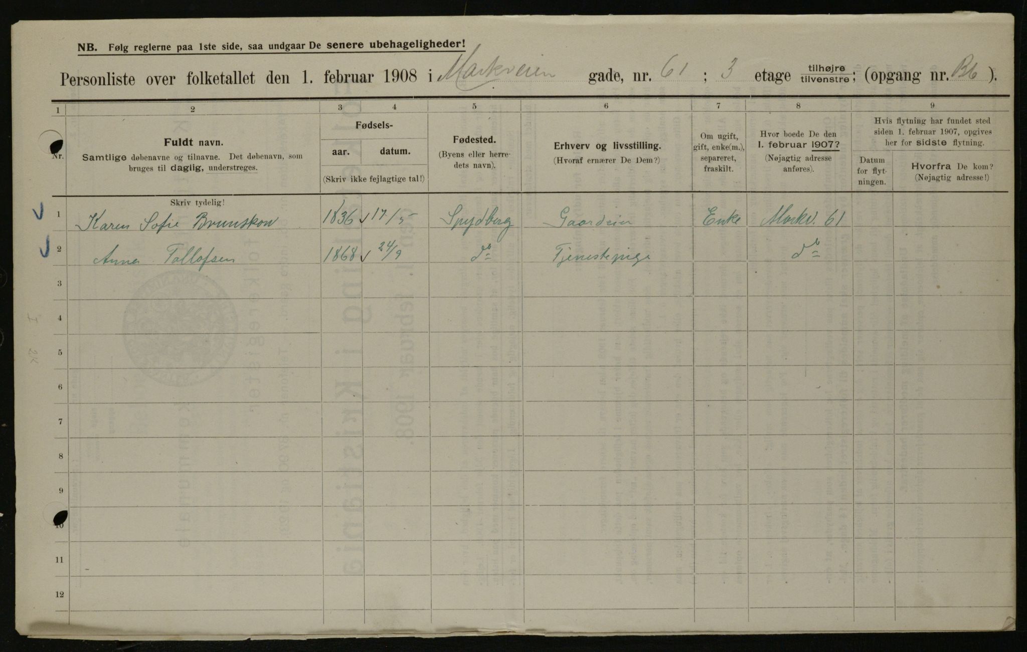 OBA, Municipal Census 1908 for Kristiania, 1908, p. 57781