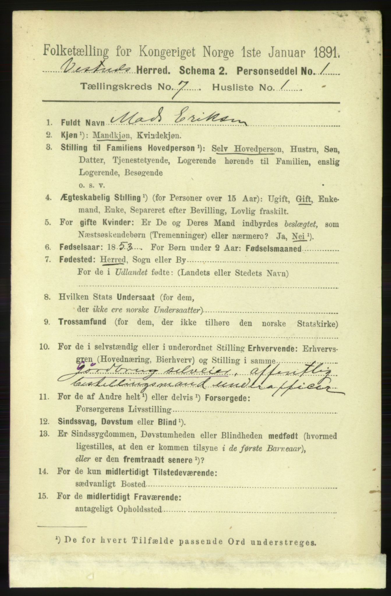 RA, 1891 census for 1535 Vestnes, 1891, p. 2693