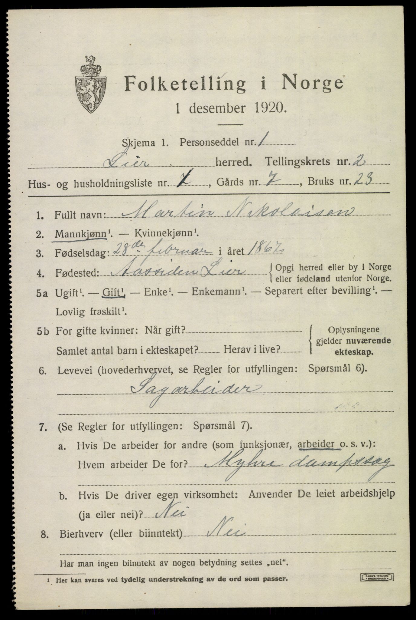 SAKO, 1920 census for Lier, 1920, p. 4290
