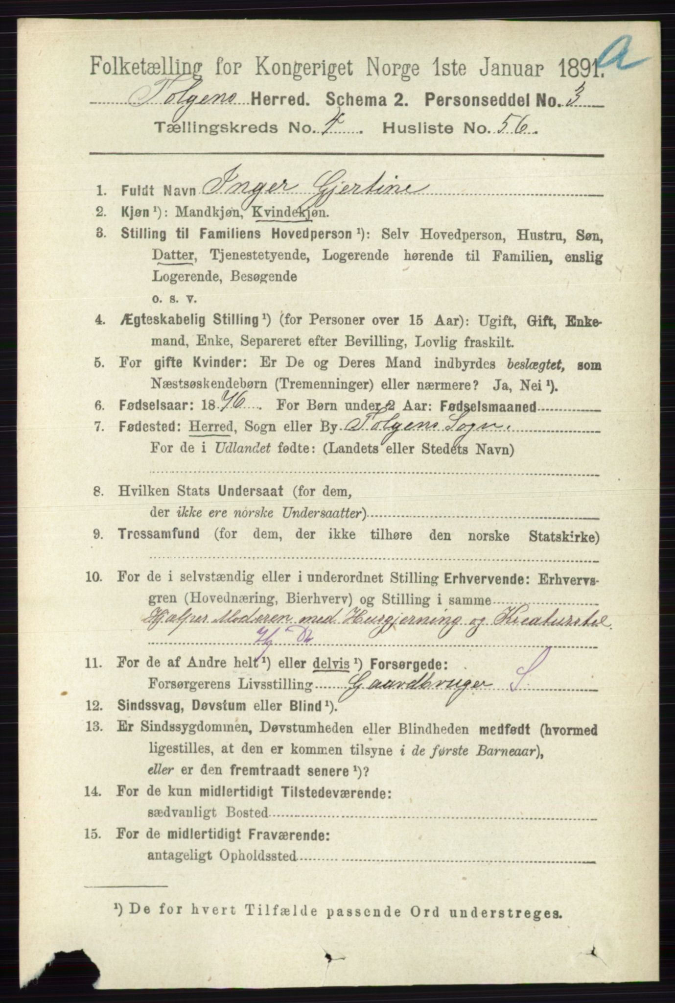 RA, 1891 census for 0436 Tolga, 1891, p. 1239