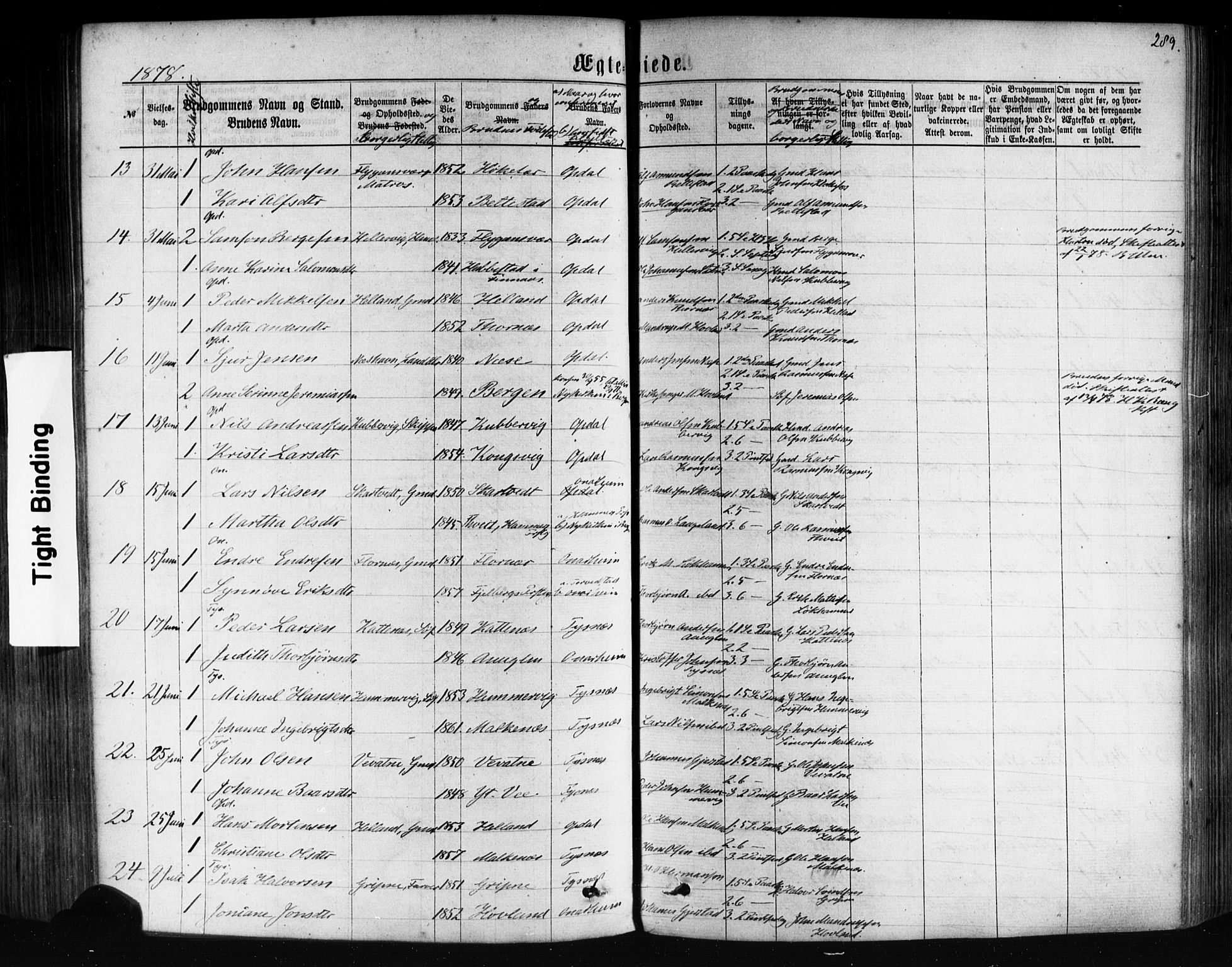 Tysnes sokneprestembete, AV/SAB-A-78601/H/Haa: Parish register (official) no. A 12, 1872-1886, p. 289