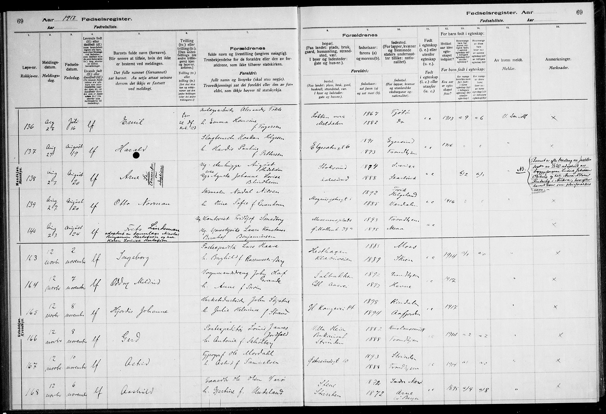 Ministerialprotokoller, klokkerbøker og fødselsregistre - Sør-Trøndelag, AV/SAT-A-1456/600/L0002: Birth register no. 600.II.4.1, 1916-1920, p. 69