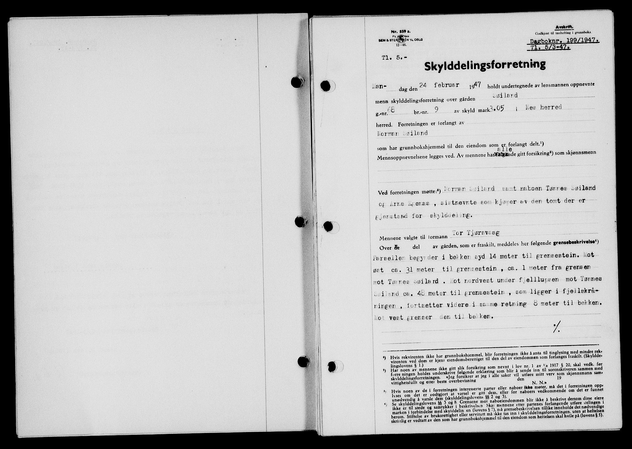 Flekkefjord sorenskriveri, SAK/1221-0001/G/Gb/Gba/L0061: Mortgage book no. A-9, 1946-1947, Diary no: : 199/1947