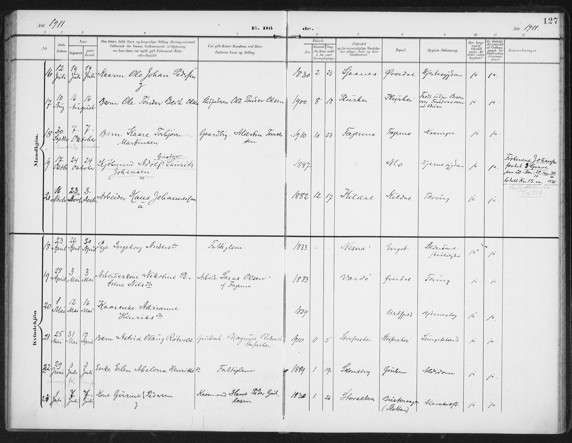 Ministerialprotokoller, klokkerbøker og fødselsregistre - Nordland, AV/SAT-A-1459/827/L0403: Parish register (official) no. 827A15, 1903-1912, p. 127