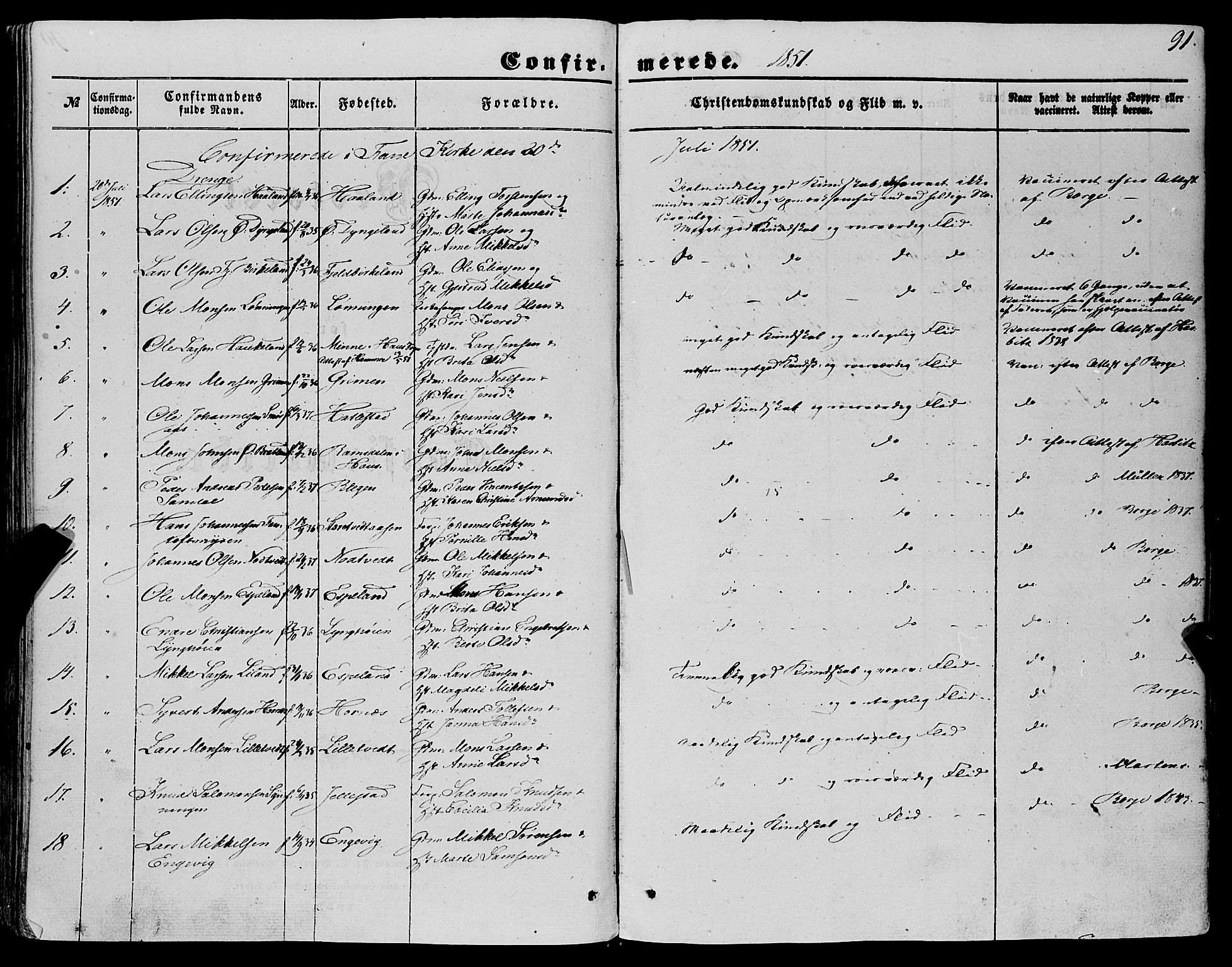 Fana Sokneprestembete, SAB/A-75101/H/Haa/Haaa/L0011: Parish register (official) no. A 11, 1851-1862, p. 91