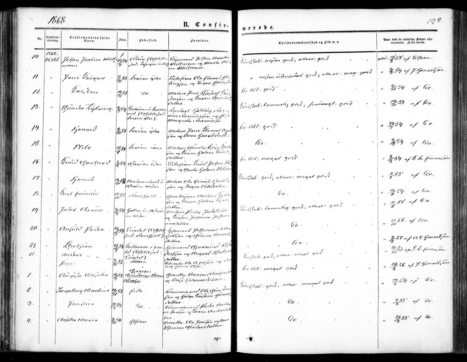 Dypvåg sokneprestkontor, SAK/1111-0007/F/Fa/Faa/L0006: Parish register (official) no. A 6, 1855-1872, p. 198