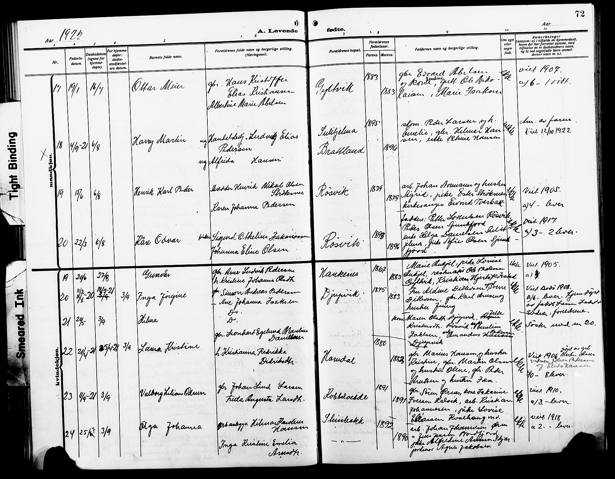 Ministerialprotokoller, klokkerbøker og fødselsregistre - Nordland, AV/SAT-A-1459/854/L0787: Parish register (copy) no. 854C03, 1913-1926, p. 72