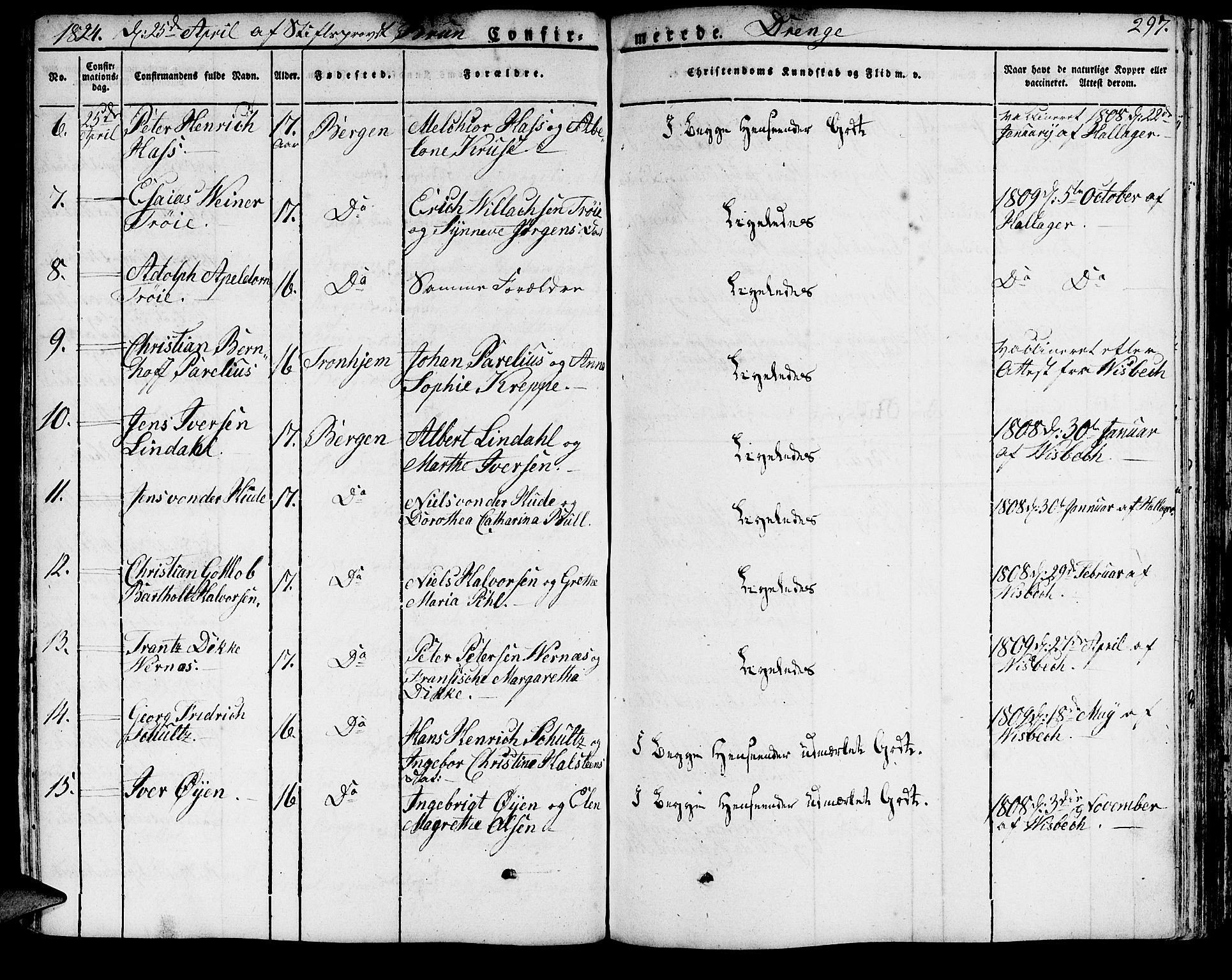 Domkirken sokneprestembete, AV/SAB-A-74801/H/Haa/L0012: Parish register (official) no. A 12, 1821-1840, p. 297