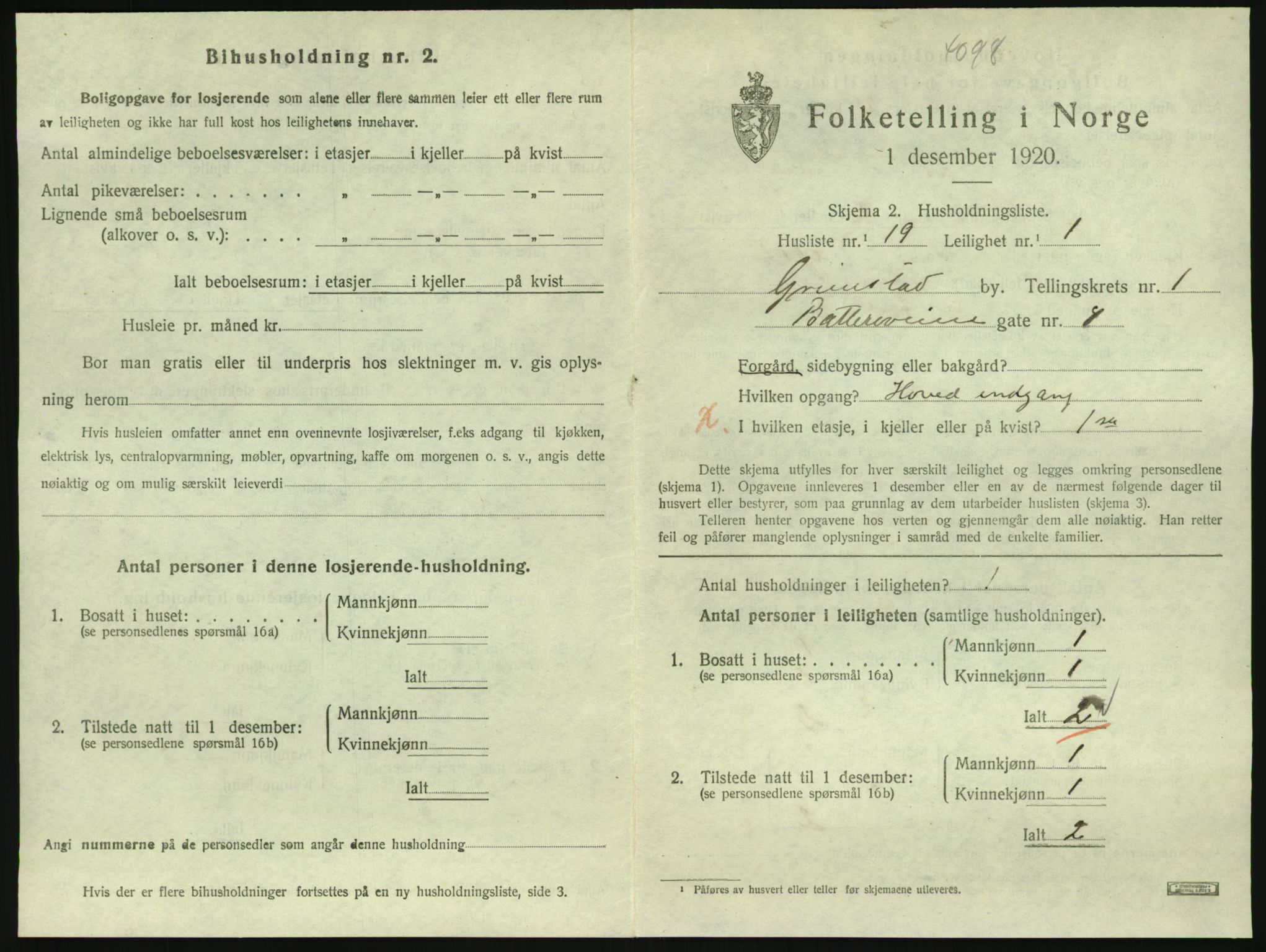 SAK, 1920 census for Grimstad, 1920, p. 1033