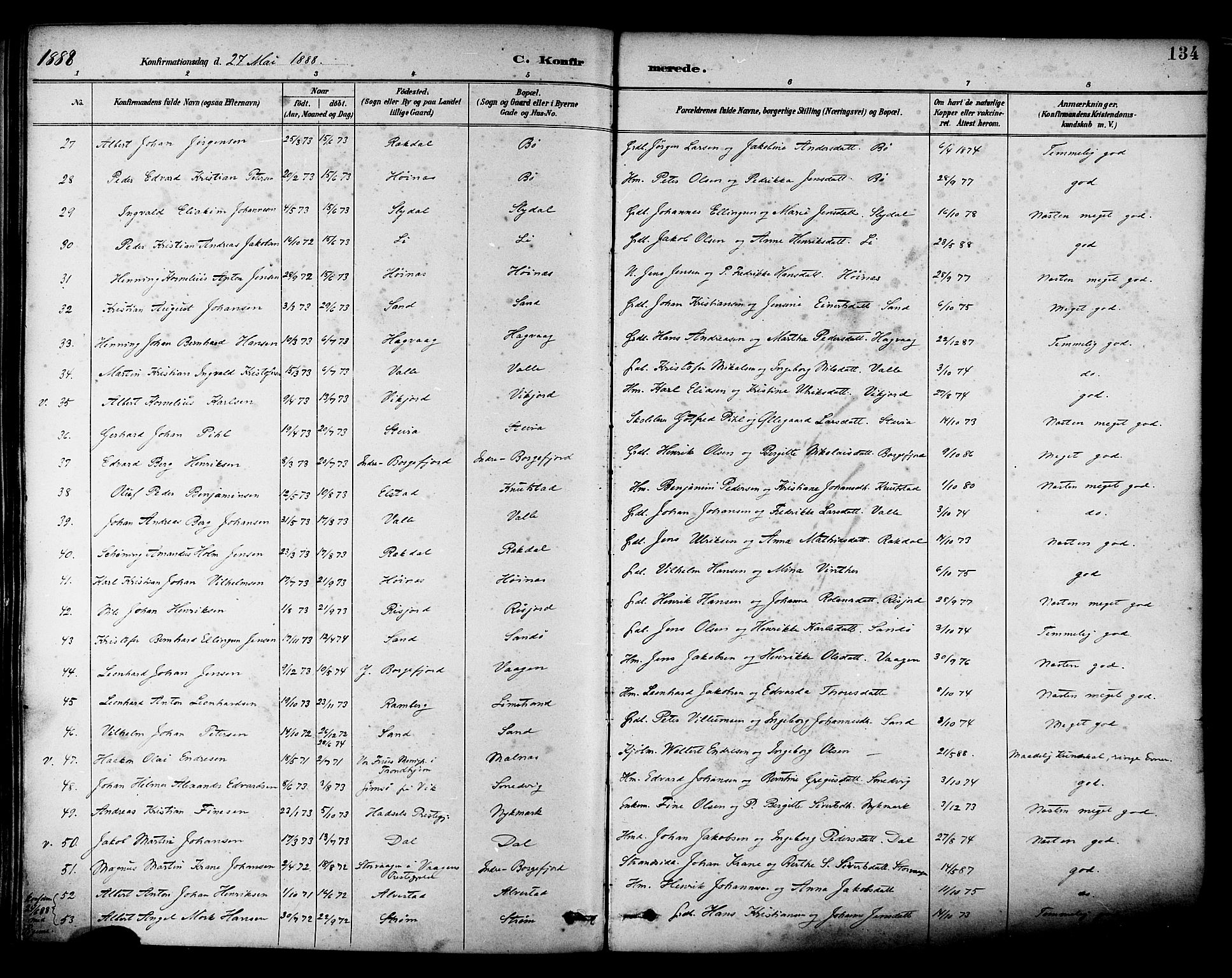 Ministerialprotokoller, klokkerbøker og fødselsregistre - Nordland, AV/SAT-A-1459/880/L1133: Parish register (official) no. 880A07, 1888-1898, p. 134