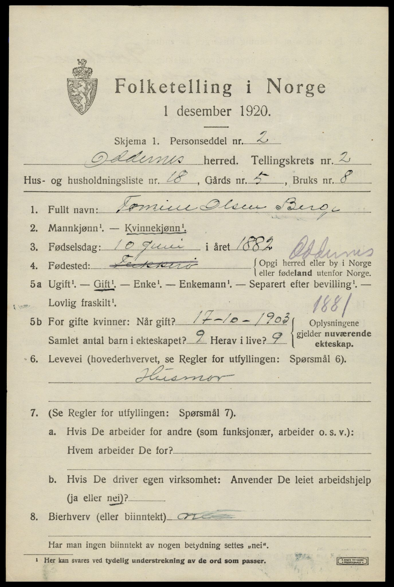 SAK, 1920 census for Oddernes, 1920, p. 3021