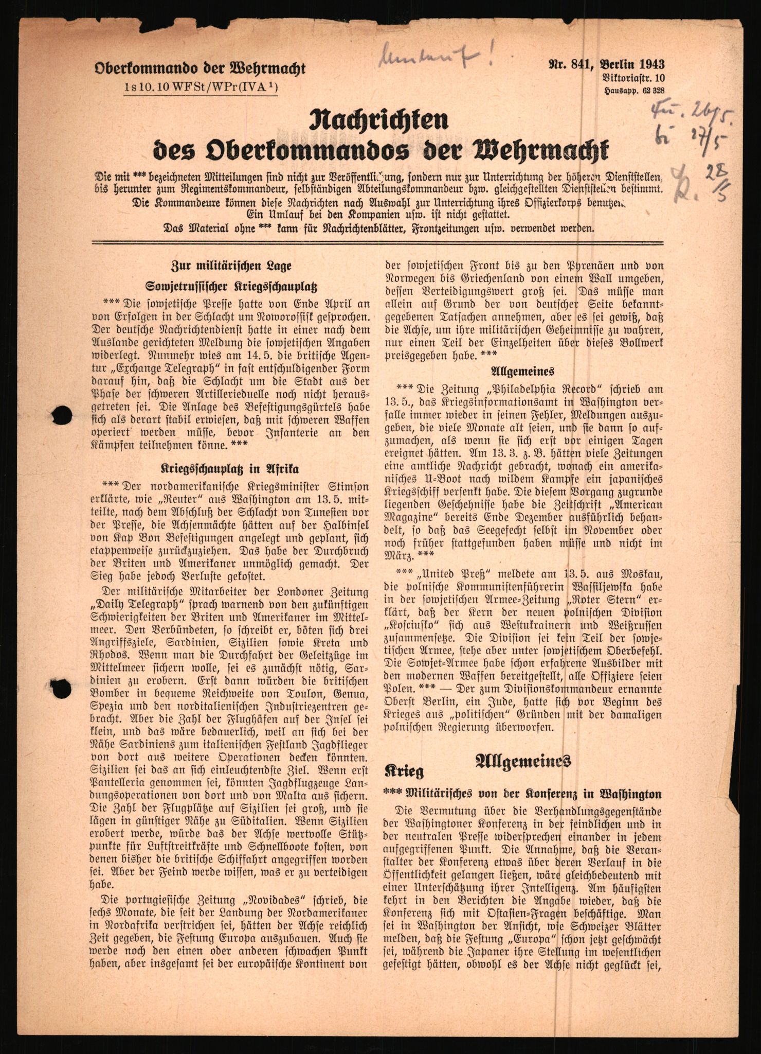 Forsvarets Overkommando. 2 kontor. Arkiv 11.4. Spredte tyske arkivsaker, AV/RA-RAFA-7031/D/Dar/Dara/L0021: Nachrichten des OKW, 1943-1945, p. 142