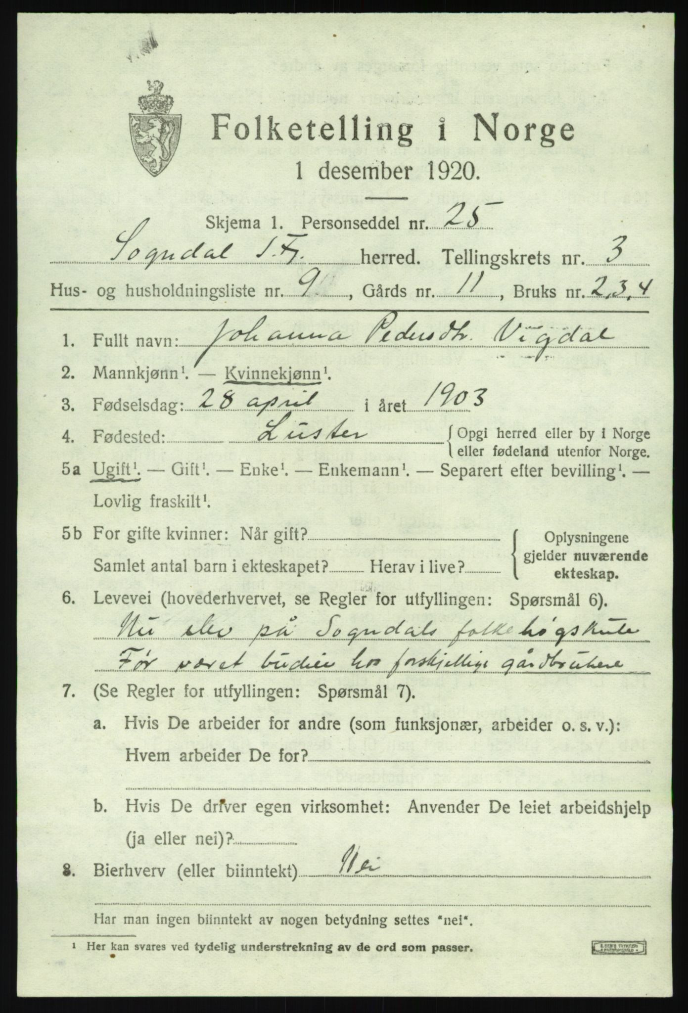 SAB, 1920 census for Sogndal, 1920, p. 2249