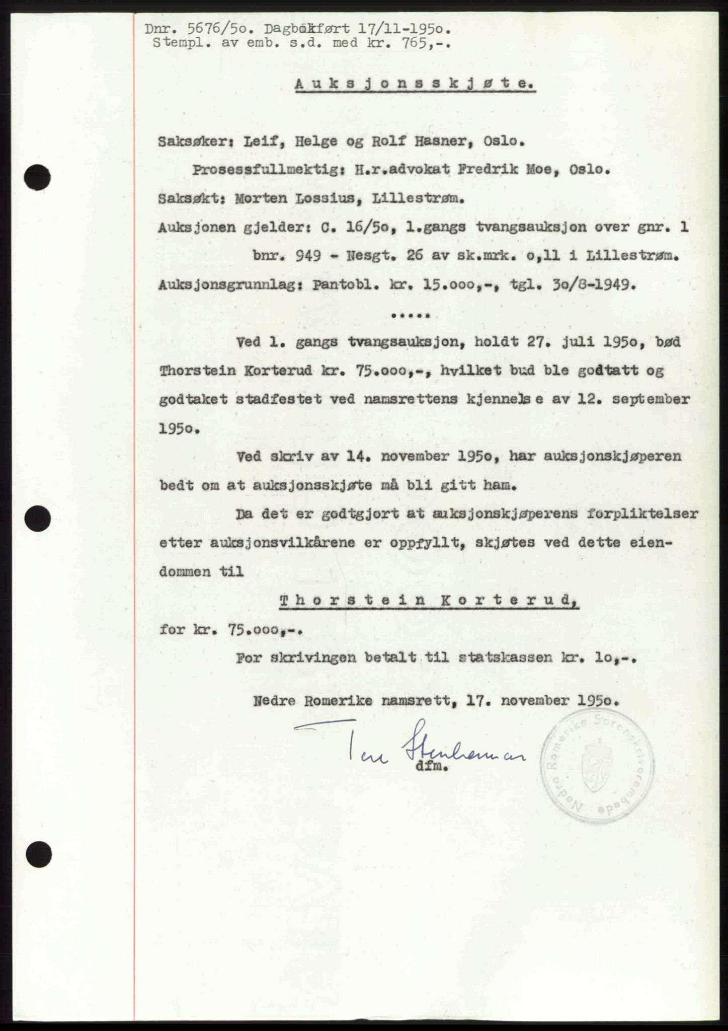 Nedre Romerike sorenskriveri, AV/SAO-A-10469/G/Gb/Gbd/L0032: Mortgage book no. 32, 1950-1950, Diary no: : 5676/1950