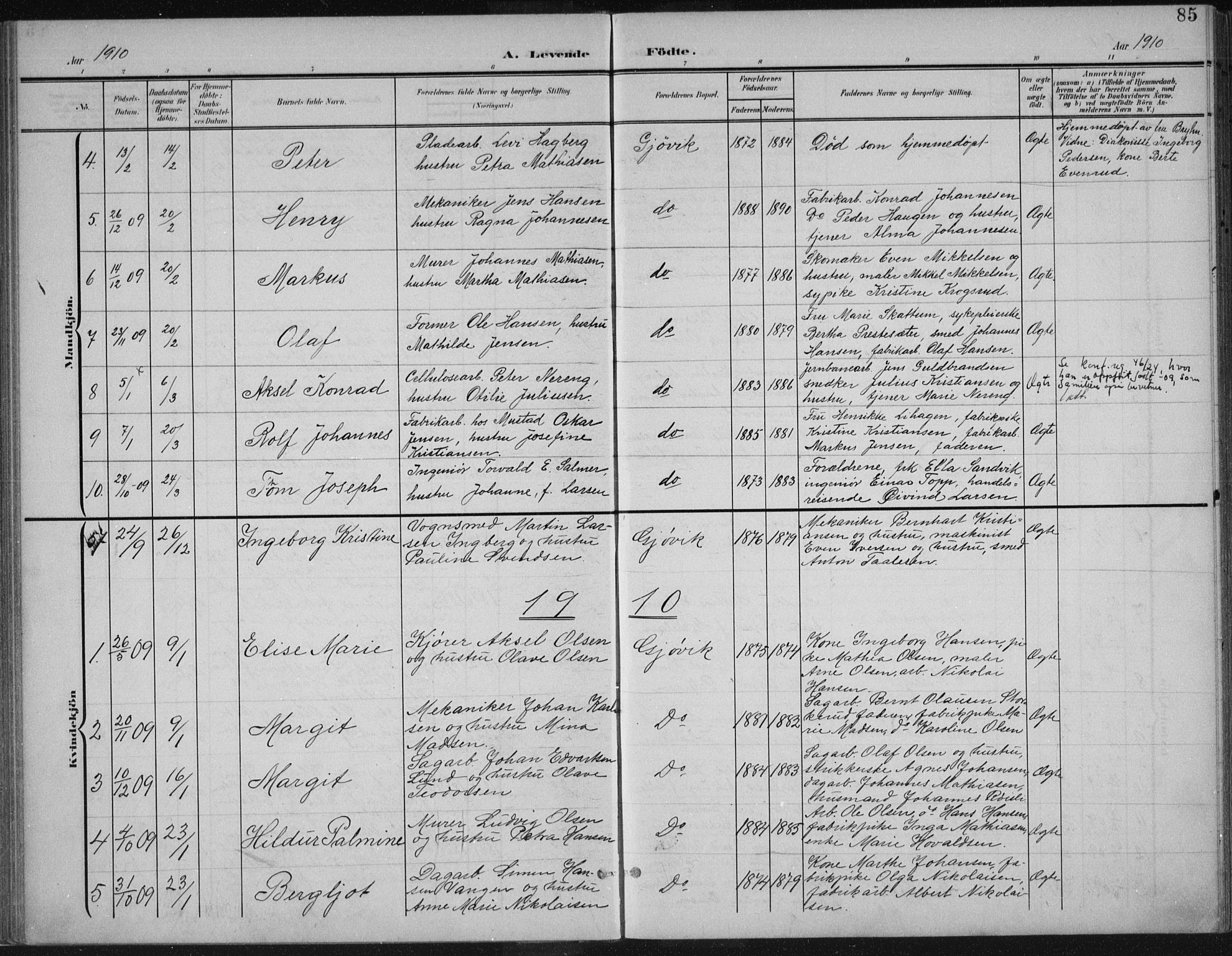 Vardal prestekontor, SAH/PREST-100/H/Ha/Haa/L0013: Parish register (official) no. 13, 1901-1911, p. 85