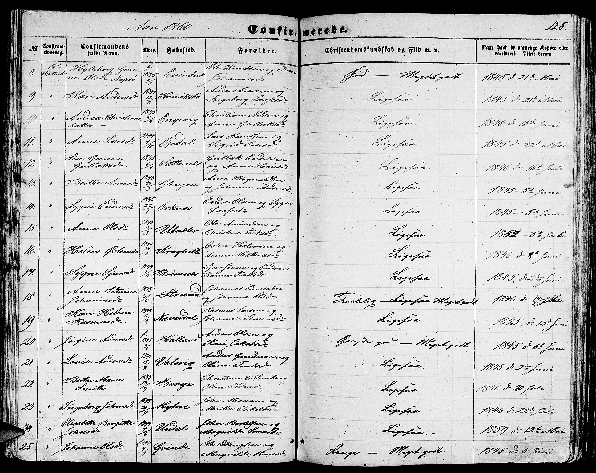 Gulen sokneprestembete, AV/SAB-A-80201/H/Hab/Habb/L0001: Parish register (copy) no. B 1, 1854-1866, p. 125