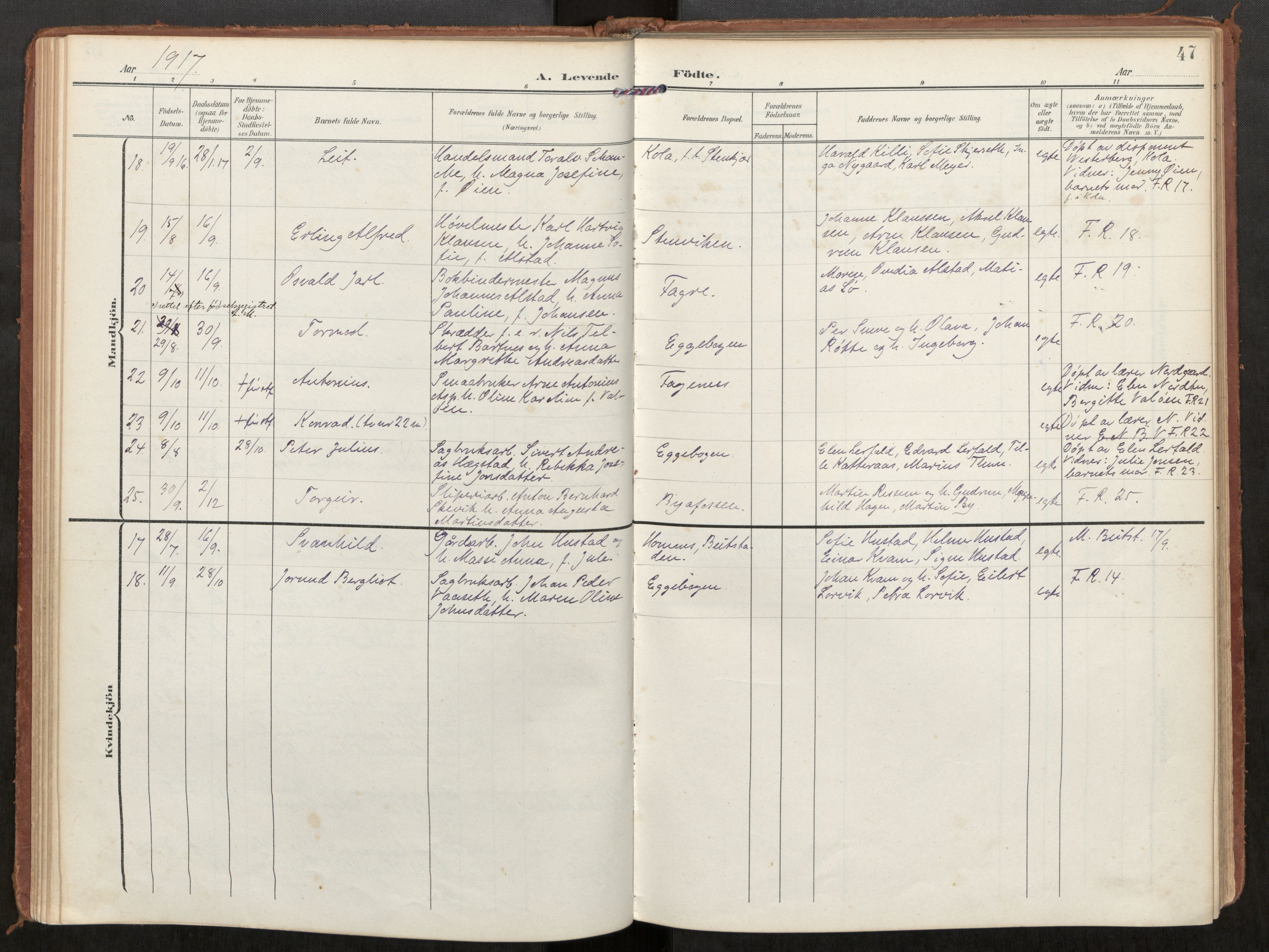 Steinkjer sokneprestkontor, SAT/A-1541/01/H/Ha/Haa/L0002: Parish register (official) no. 2, 1907-1917, p. 47