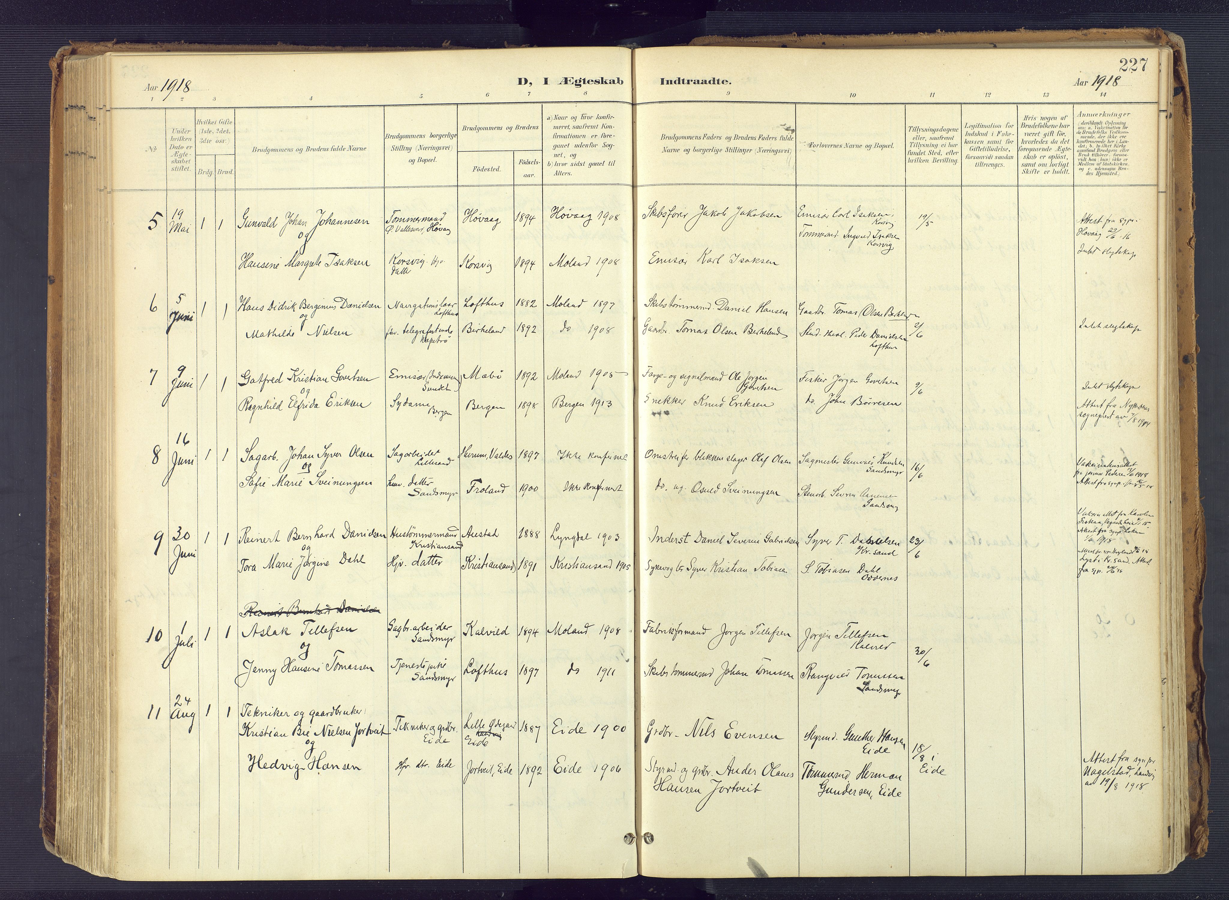 Vestre Moland sokneprestkontor, SAK/1111-0046/F/Fa/Fab/L0010: Parish register (official) no. A 10, 1900-1926, p. 227