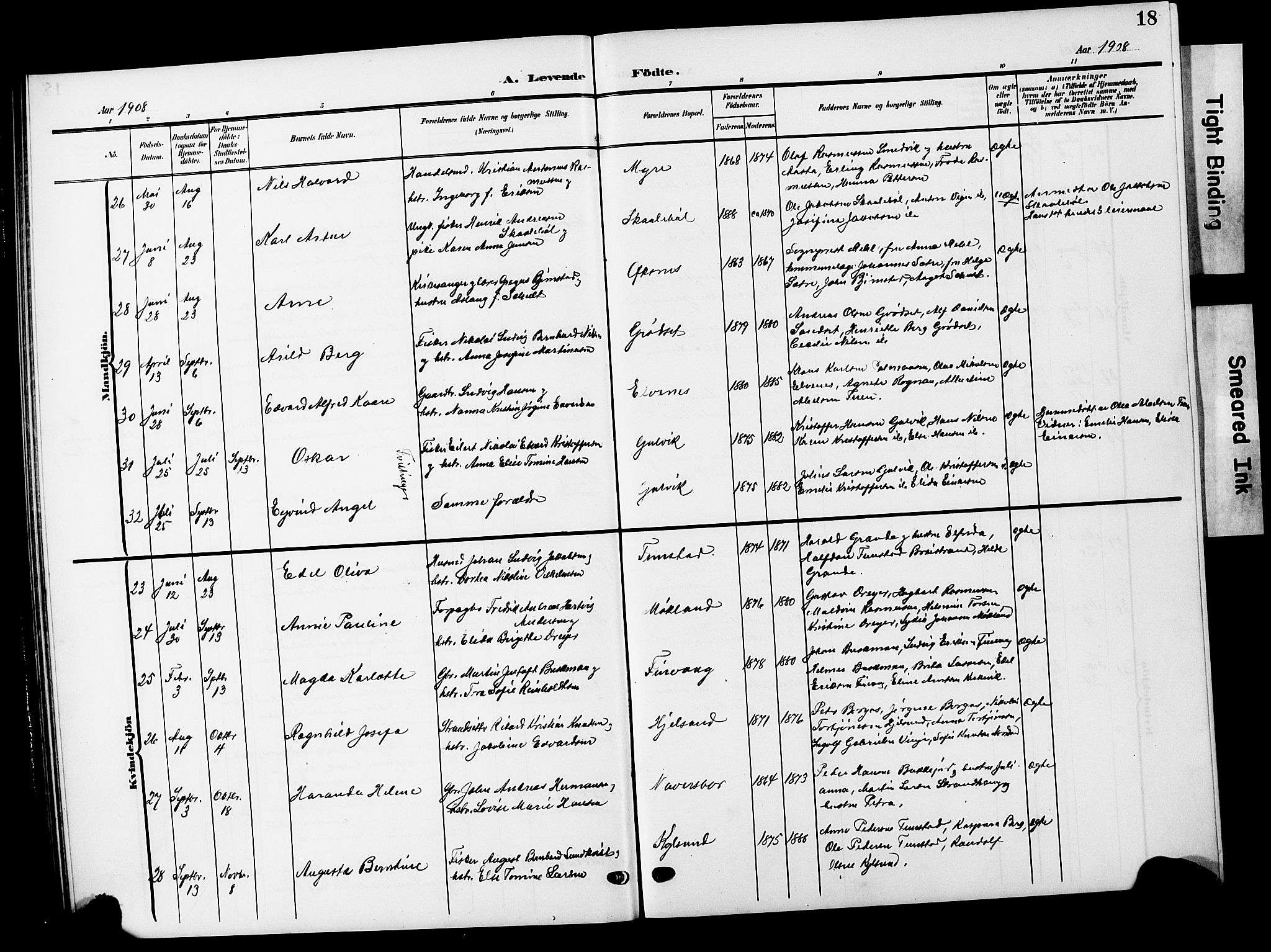 Ministerialprotokoller, klokkerbøker og fødselsregistre - Nordland, AV/SAT-A-1459/893/L1350: Parish register (copy) no. 893C05, 1906-1927, p. 18