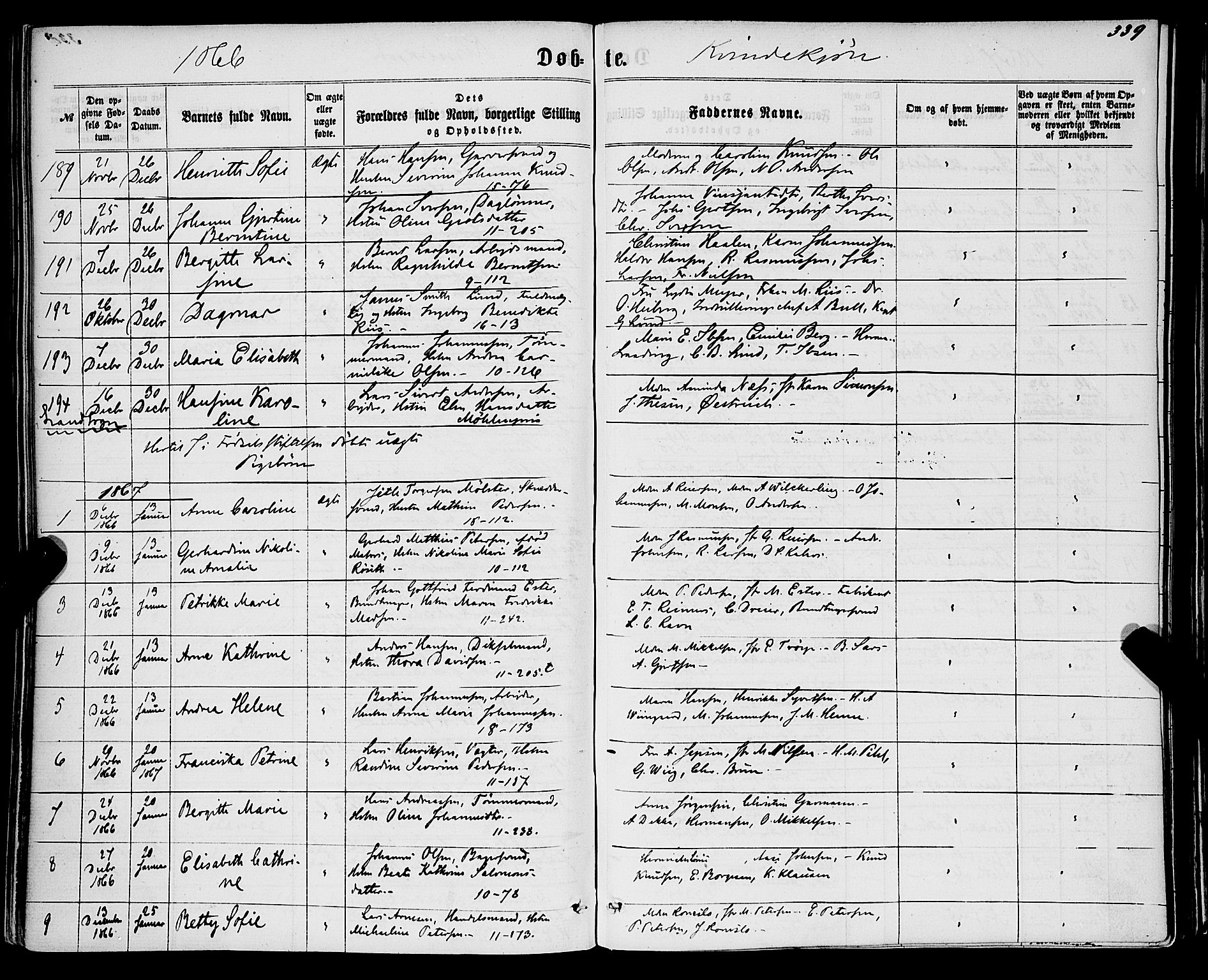 Domkirken sokneprestembete, SAB/A-74801/H/Haa/L0021: Parish register (official) no. B 4, 1859-1871, p. 339