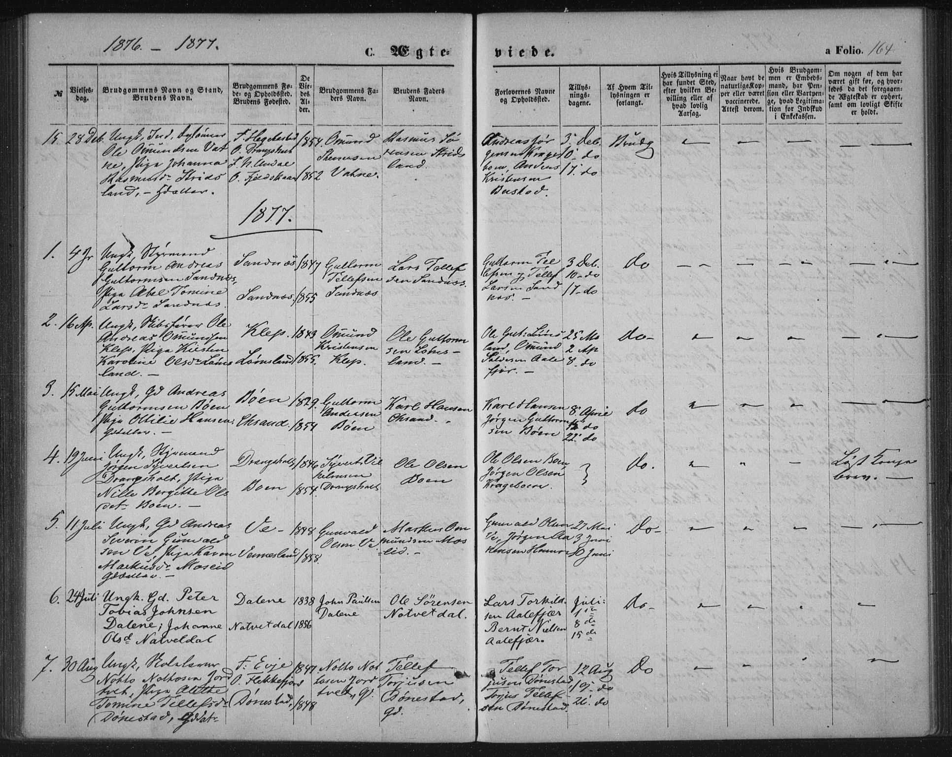 Tveit sokneprestkontor, SAK/1111-0043/F/Fa/L0006: Parish register (official) no. A 6, 1872-1886, p. 164