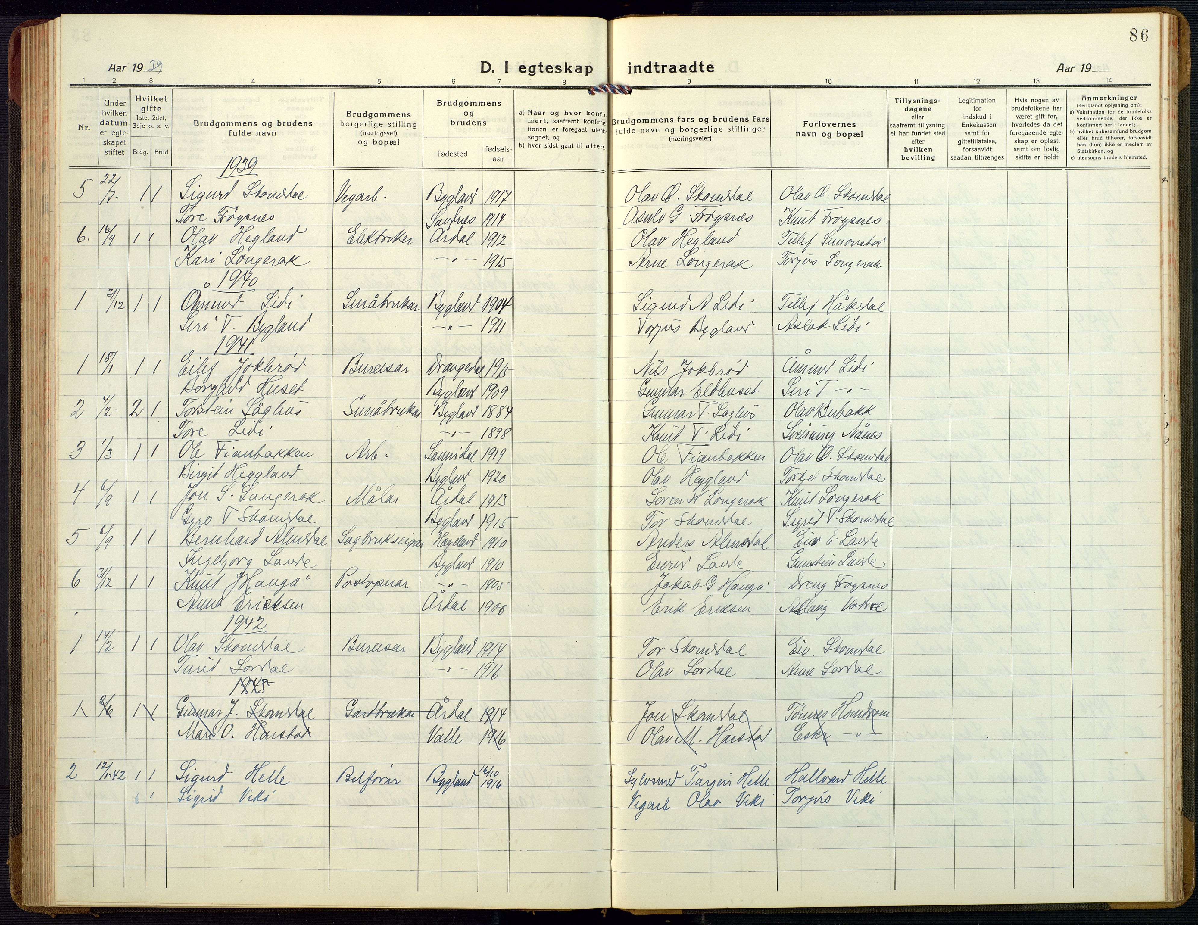 Bygland sokneprestkontor, SAK/1111-0006/F/Fb/Fbb/L0005: Parish register (copy) no. B 5, 1920-1955, p. 86