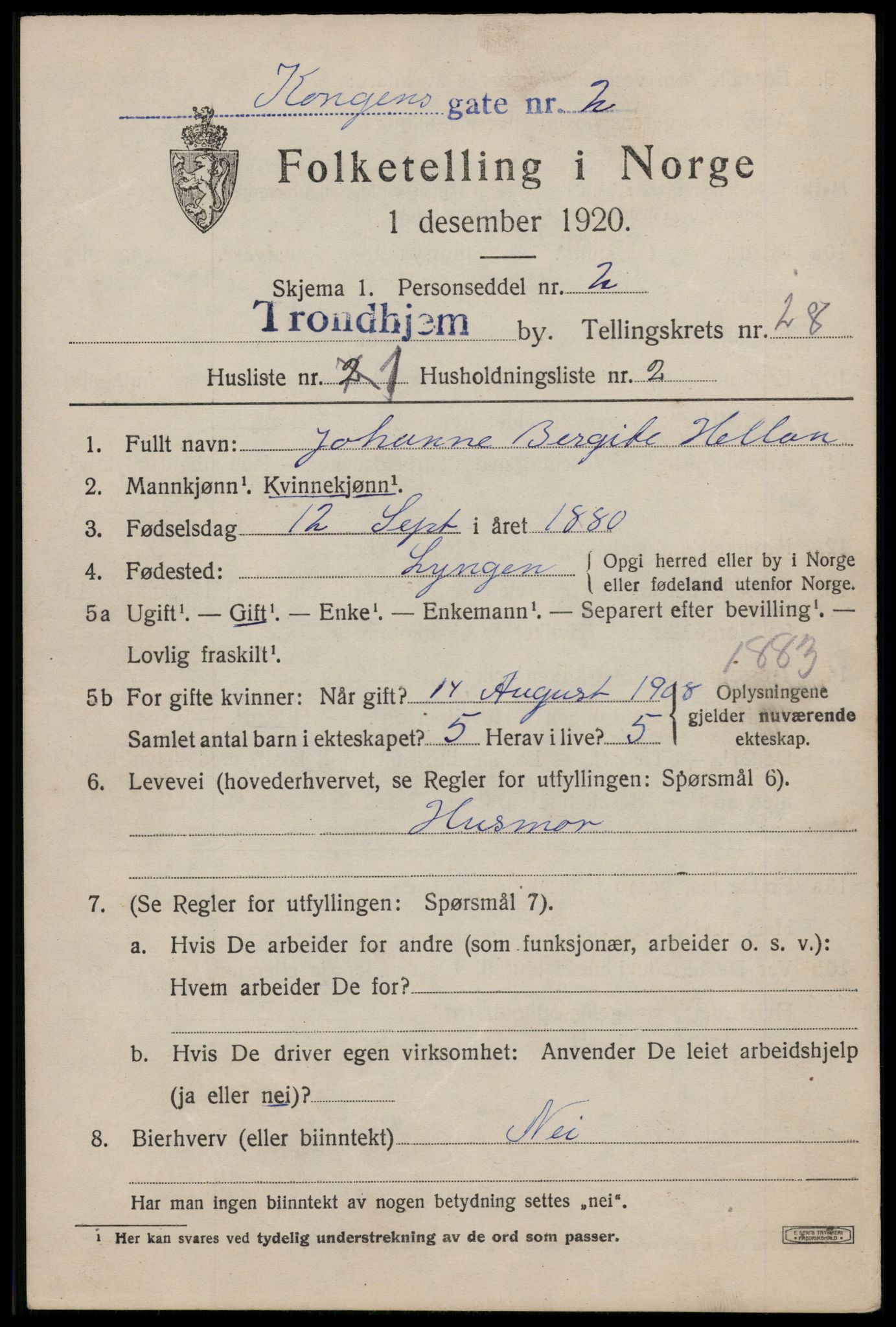 SAT, 1920 census for Trondheim, 1920, p. 70980