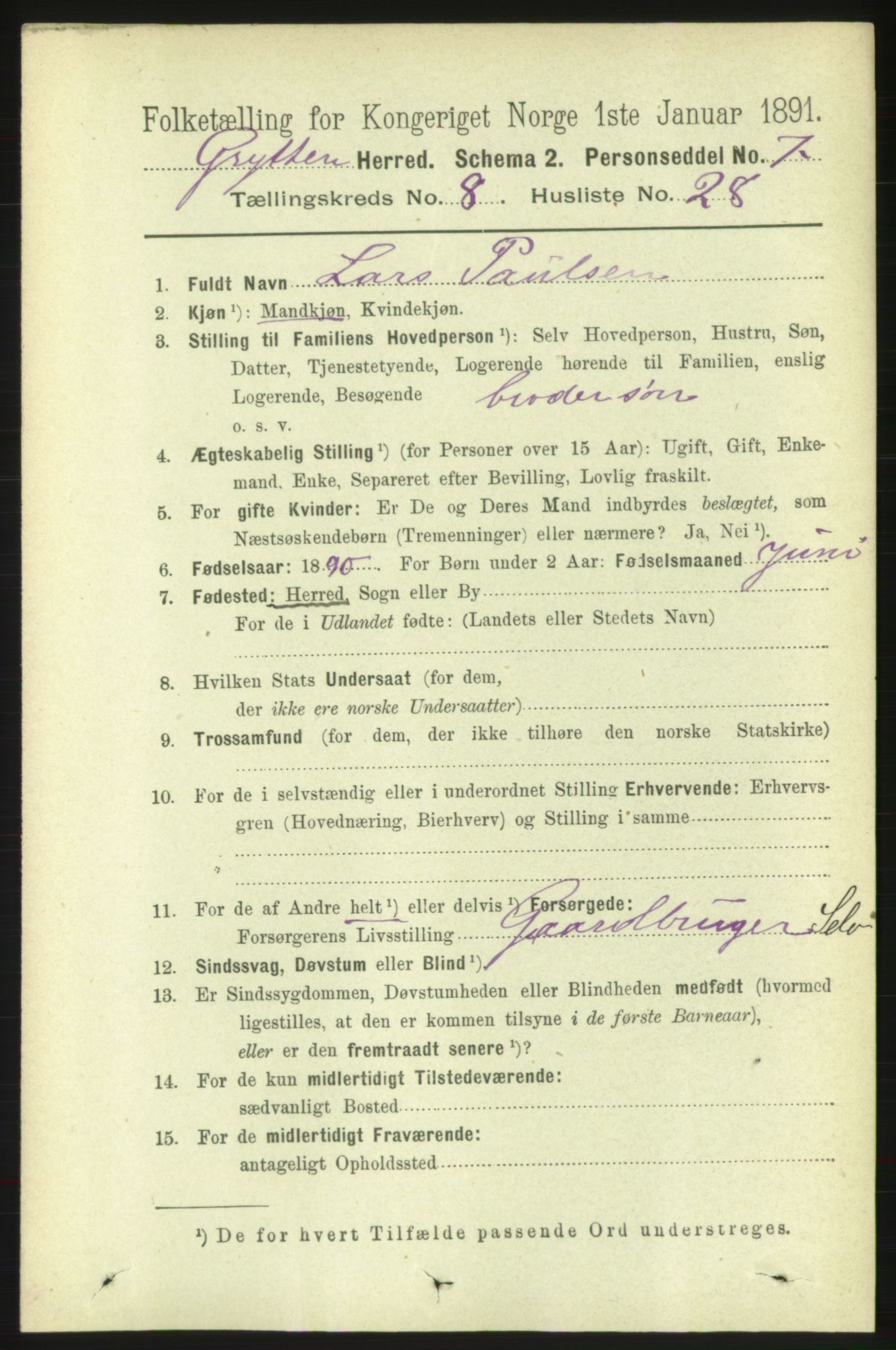 RA, 1891 census for 1539 Grytten, 1891, p. 3313