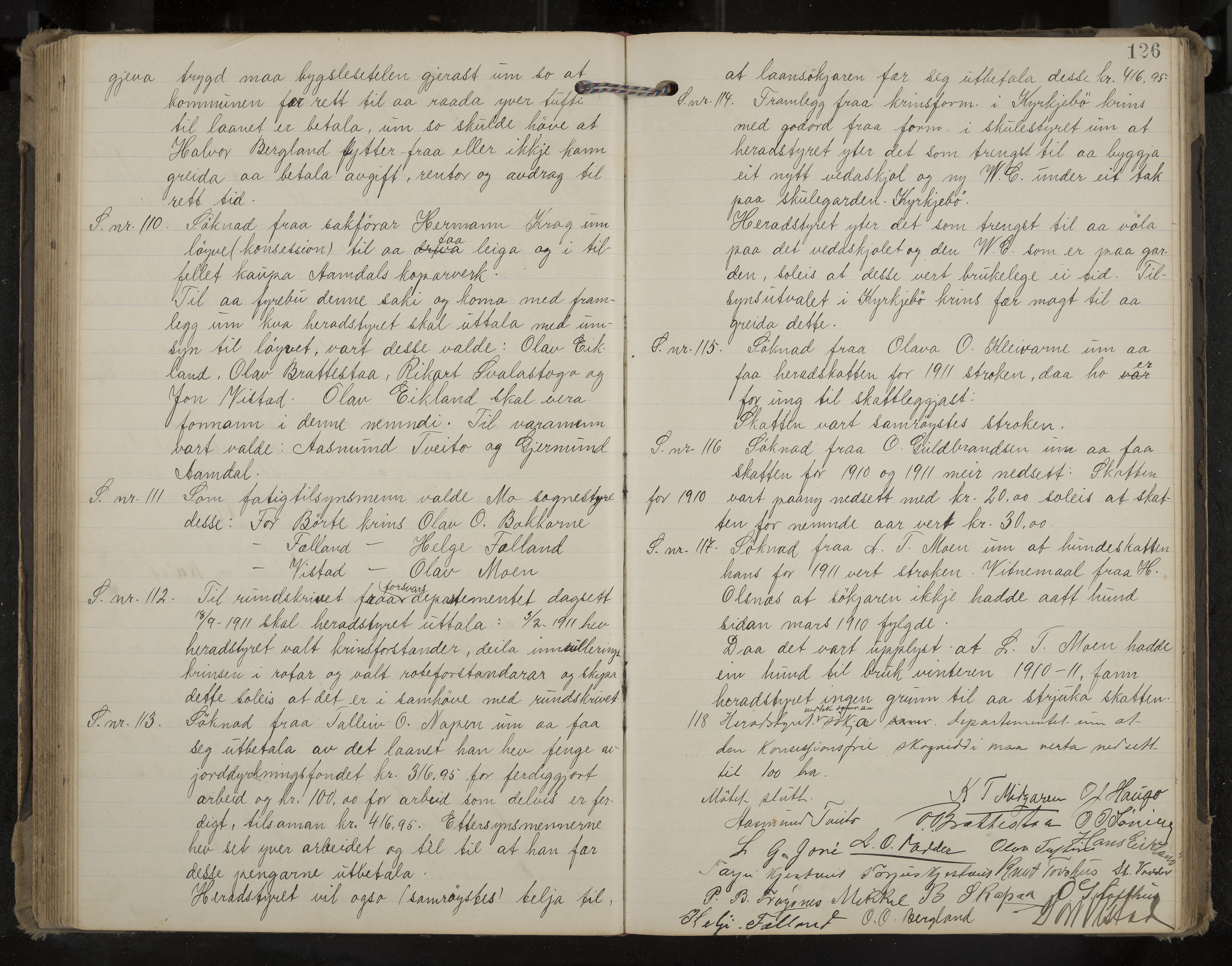 Mo formannskap og sentraladministrasjon, IKAK/0832021/A/L0004: Møtebok, 1903-1915, p. 126