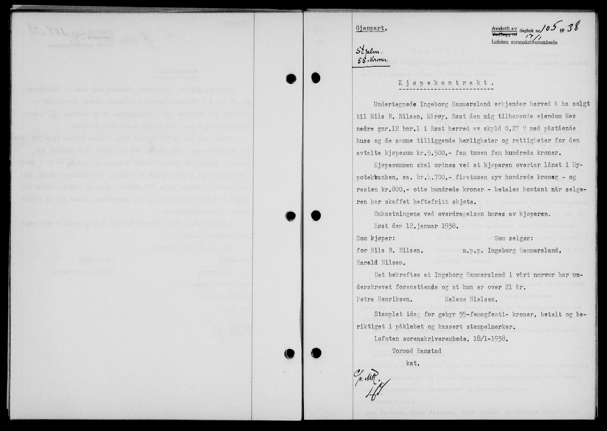 Lofoten sorenskriveri, SAT/A-0017/1/2/2C/L0003a: Mortgage book no. 3a, 1937-1938, Diary no: : 105/1938