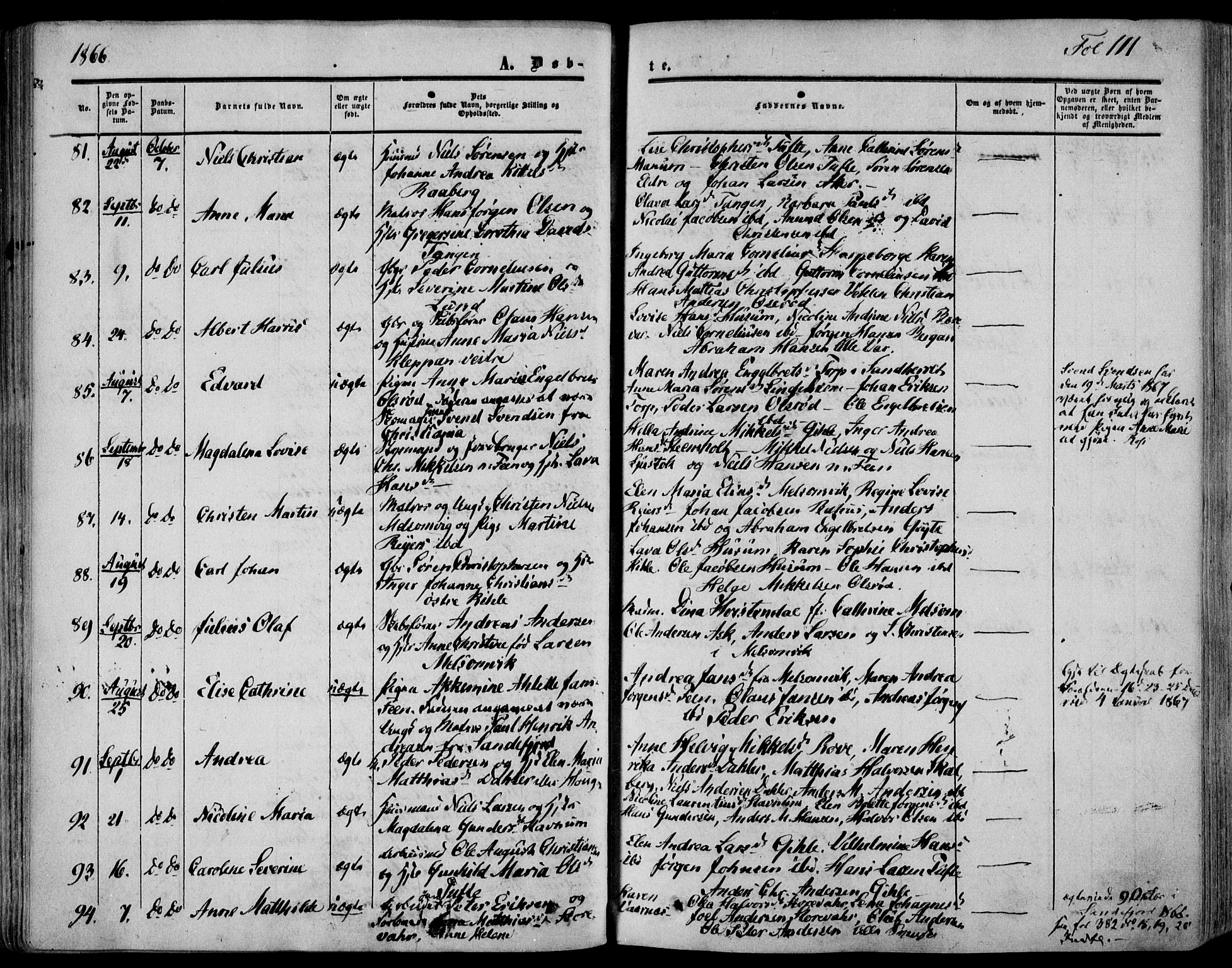 Stokke kirkebøker, AV/SAKO-A-320/F/Fa/L0008: Parish register (official) no. I 8, 1858-1871, p. 111