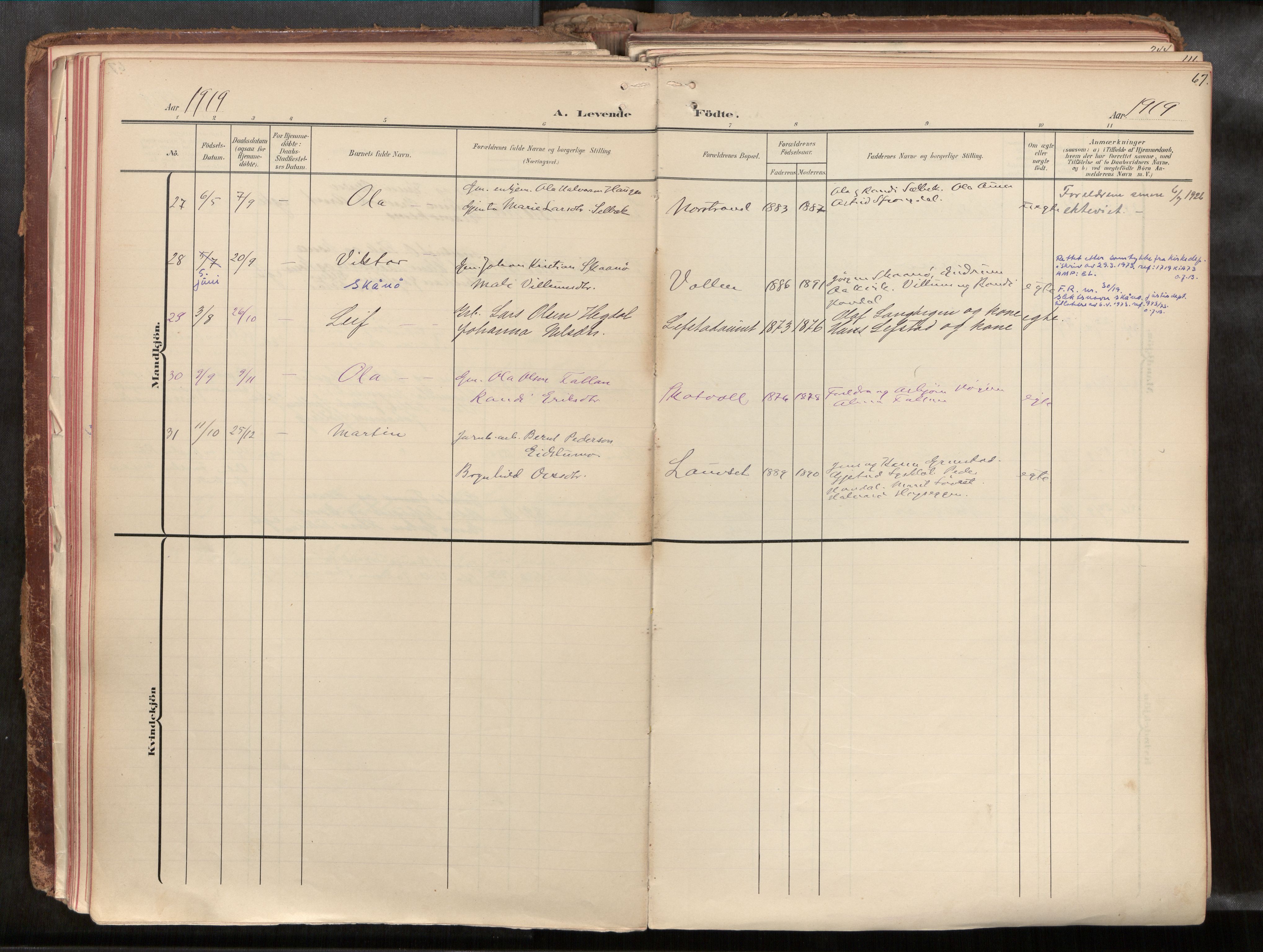 Ministerialprotokoller, klokkerbøker og fødselsregistre - Sør-Trøndelag, AV/SAT-A-1456/691/L1085b: Parish register (official) no. 691A18, 1908-1930, p. 67