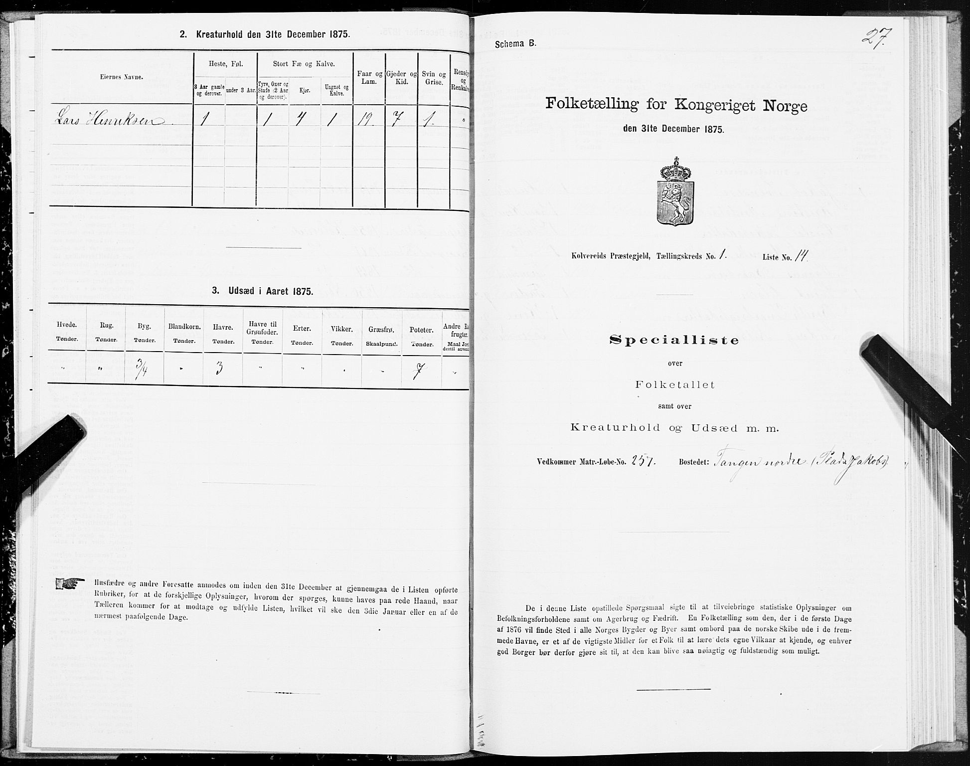 SAT, 1875 census for 1752P Kolvereid, 1875, p. 1027