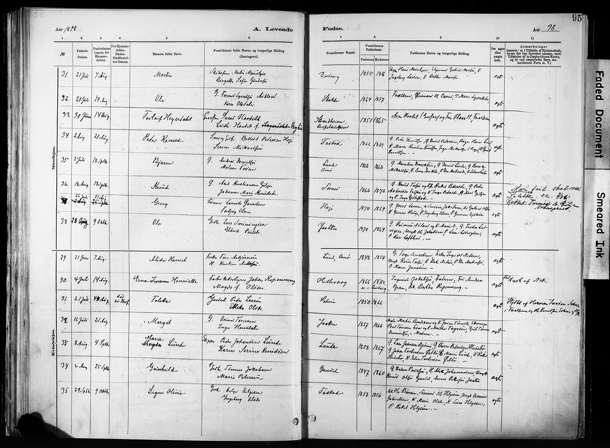 Hetland sokneprestkontor, SAST/A-101826/30/30BA/L0011: Parish register (official) no. A 11, 1884-1911, p. 95