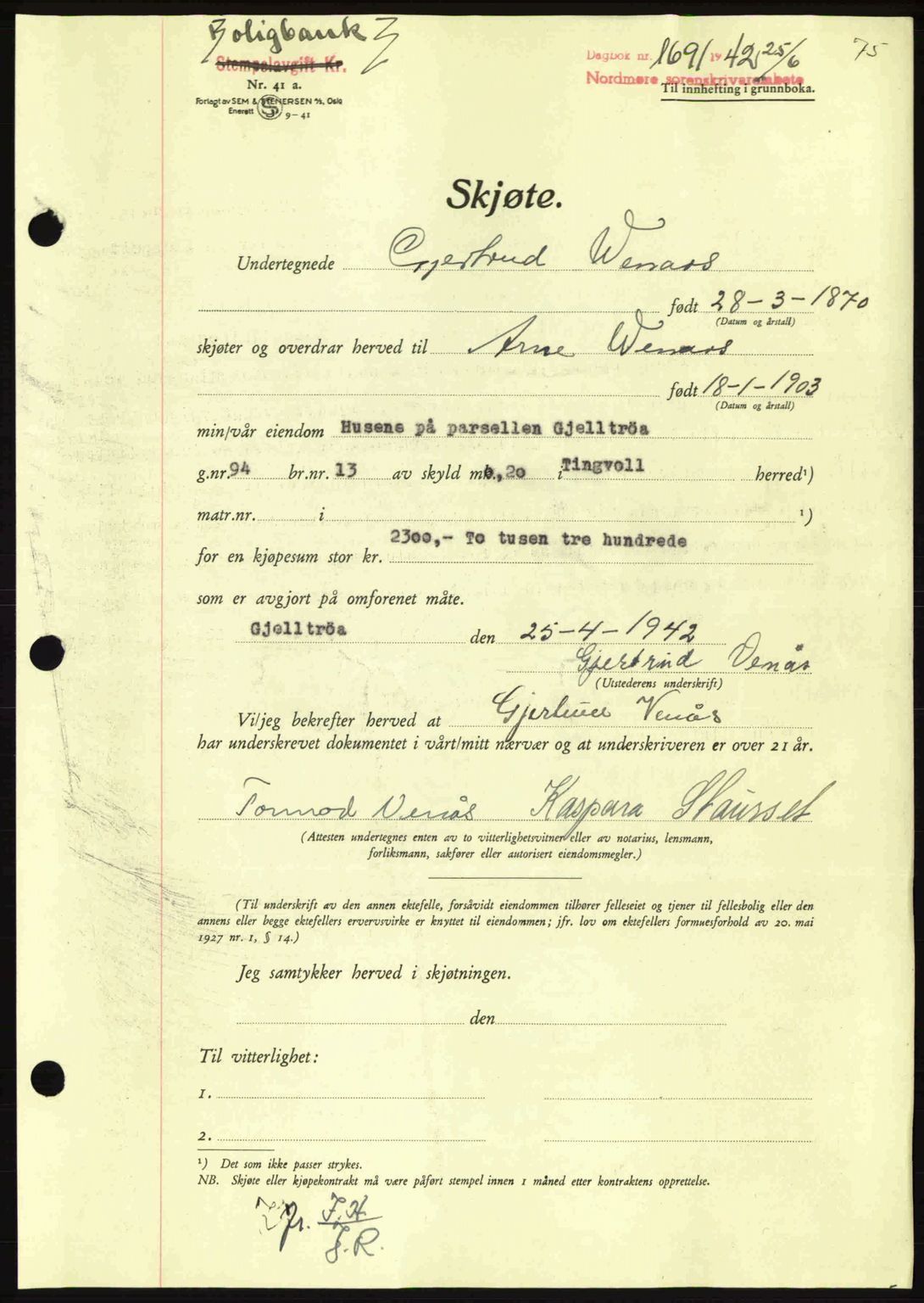 Nordmøre sorenskriveri, AV/SAT-A-4132/1/2/2Ca: Mortgage book no. A93, 1942-1942, Diary no: : 1691/1942