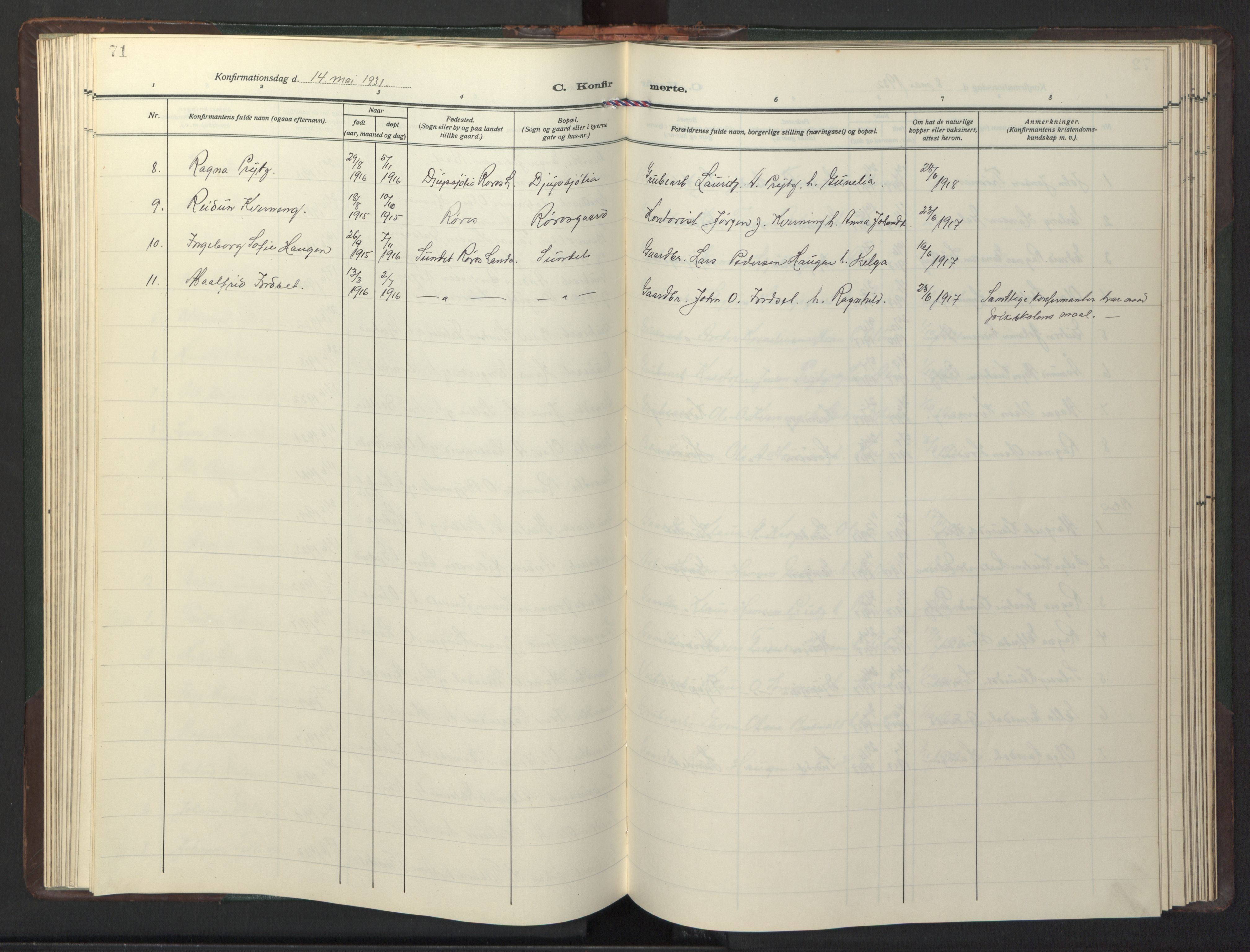 Ministerialprotokoller, klokkerbøker og fødselsregistre - Sør-Trøndelag, SAT/A-1456/681/L0944: Parish register (copy) no. 681C08, 1926-1954, p. 71