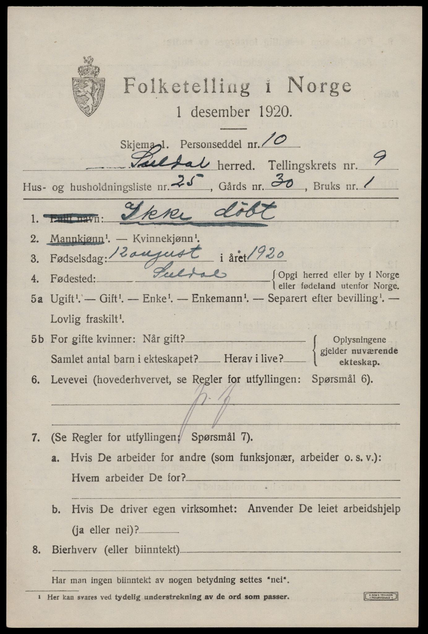 SAST, 1920 census for Suldal, 1920, p. 2404